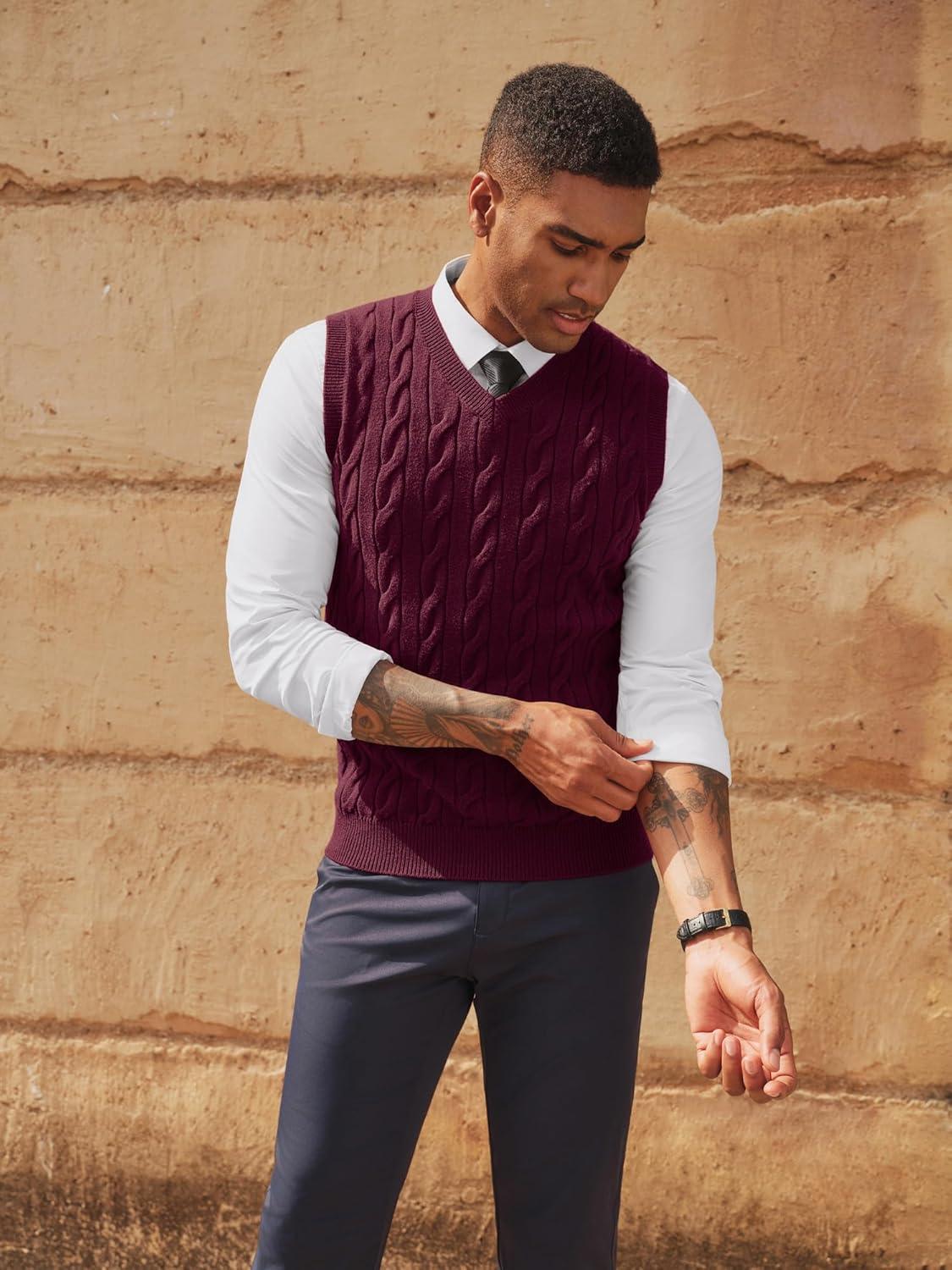 imagePJ PAUL JONES Mens Sweater Vests V Neck Cable Twist Knit Sleeveless Vests Casual Pullover SweaterWine Red