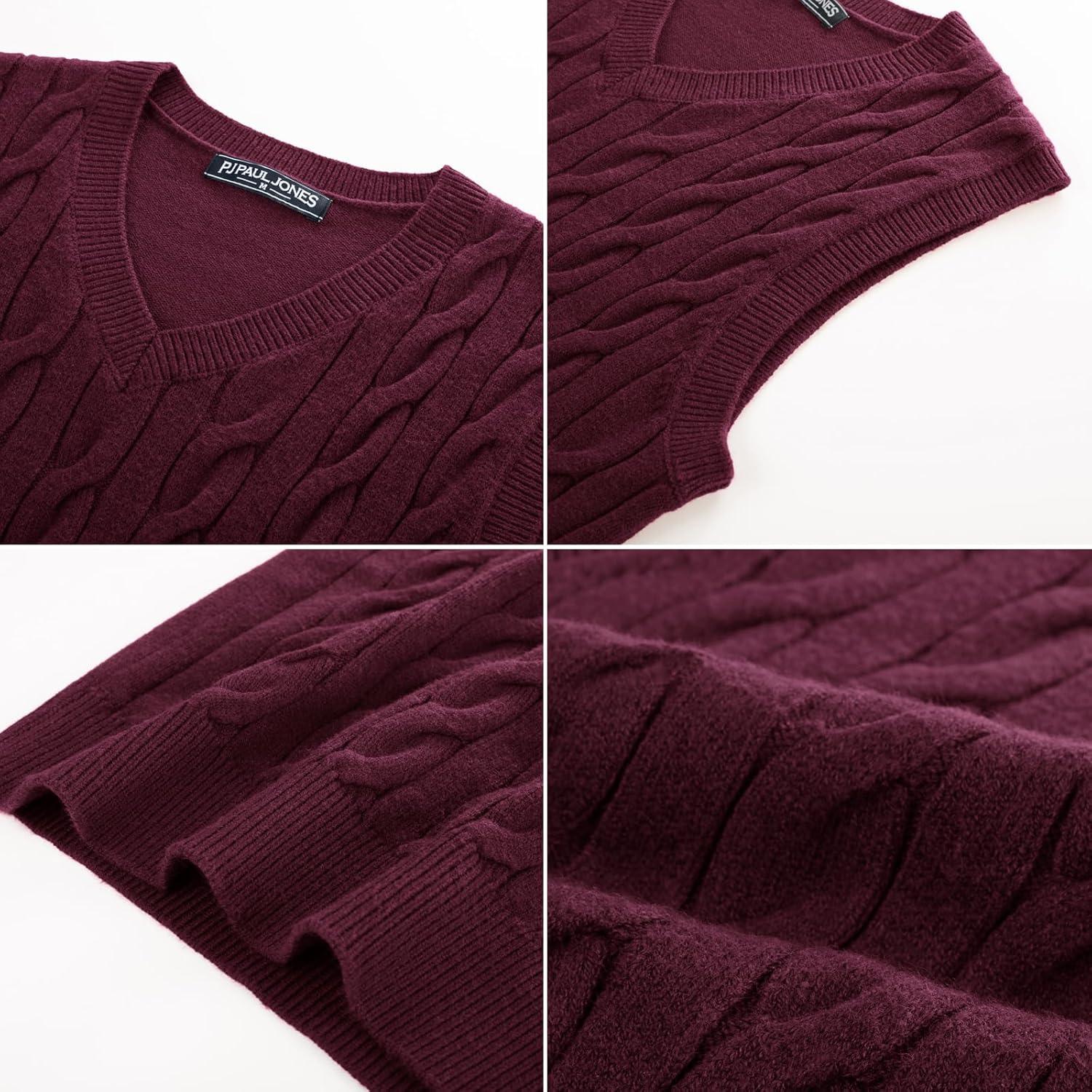 imagePJ PAUL JONES Mens Sweater Vests V Neck Cable Twist Knit Sleeveless Vests Casual Pullover SweaterWine Red