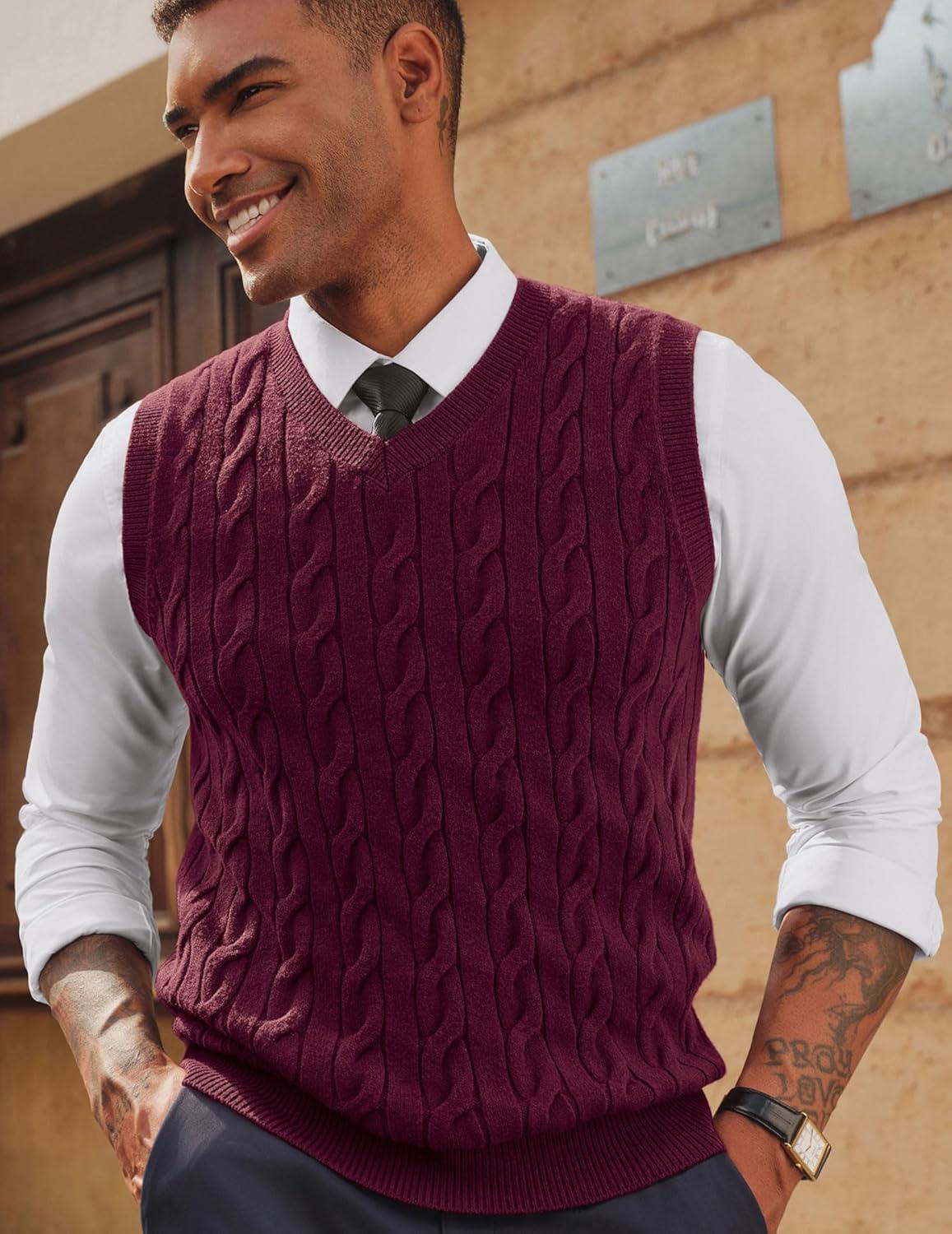 imagePJ PAUL JONES Mens Sweater Vests V Neck Cable Twist Knit Sleeveless Vests Casual Pullover SweaterWine Red