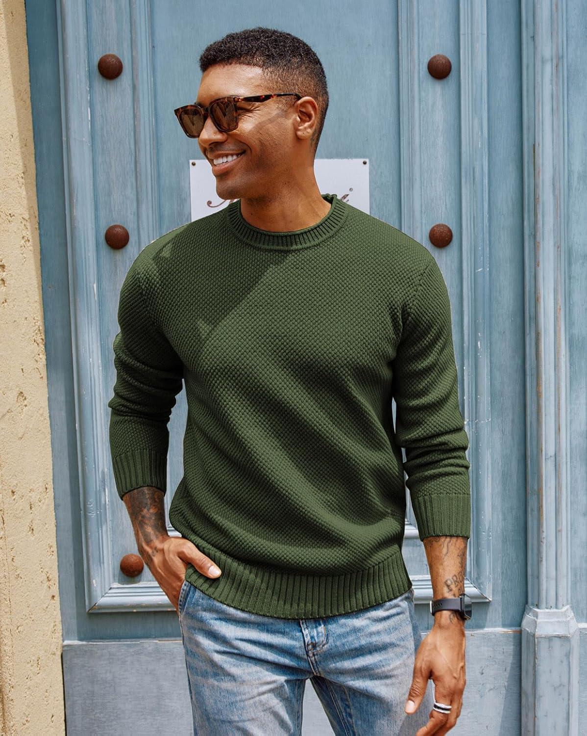 imagePJ PAUL JONES Mens Sweater Waffle Knit Crewneck Sweater Textured Long Sleeve PulloverAmy Green