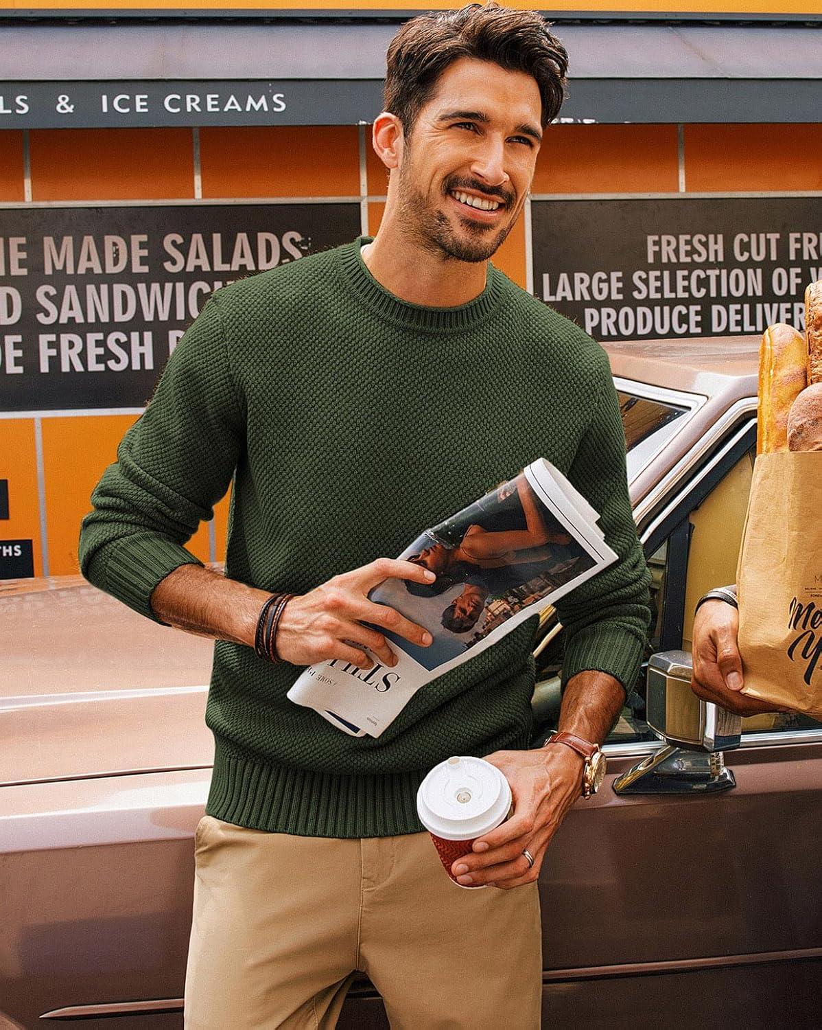 imagePJ PAUL JONES Mens Sweater Waffle Knit Crewneck Sweater Textured Long Sleeve PulloverAmy Green