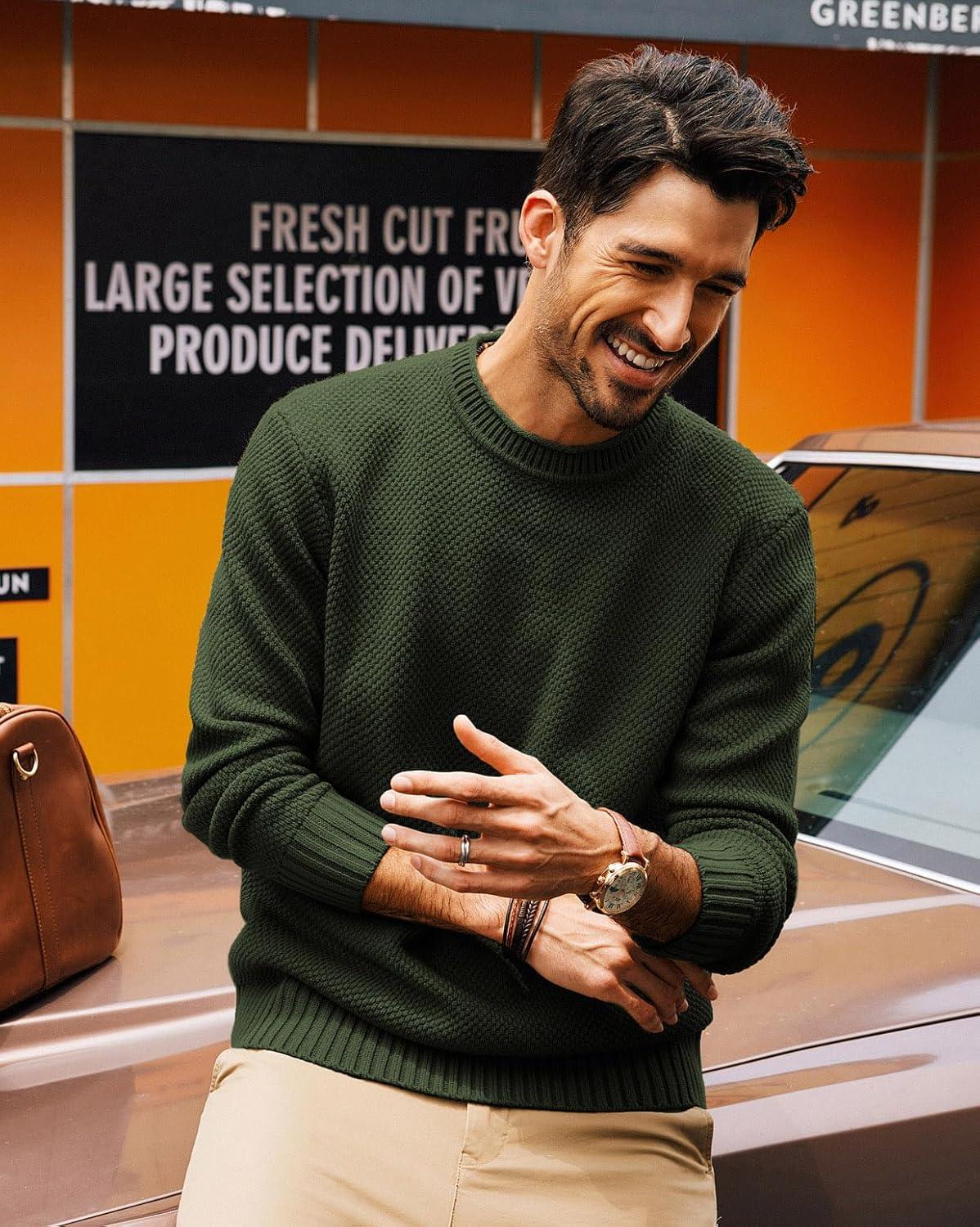 imagePJ PAUL JONES Mens Sweater Waffle Knit Crewneck Sweater Textured Long Sleeve PulloverAmy Green