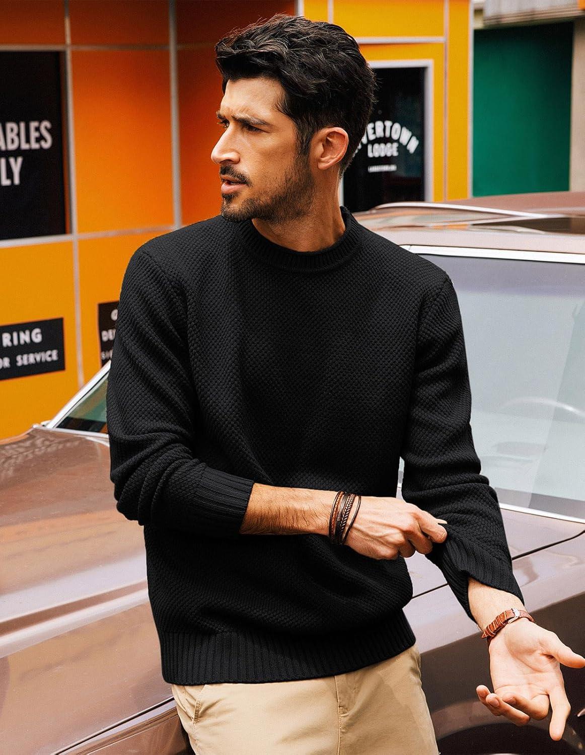 imagePJ PAUL JONES Mens Sweater Waffle Knit Crewneck Sweater Textured Long Sleeve PulloverBlack