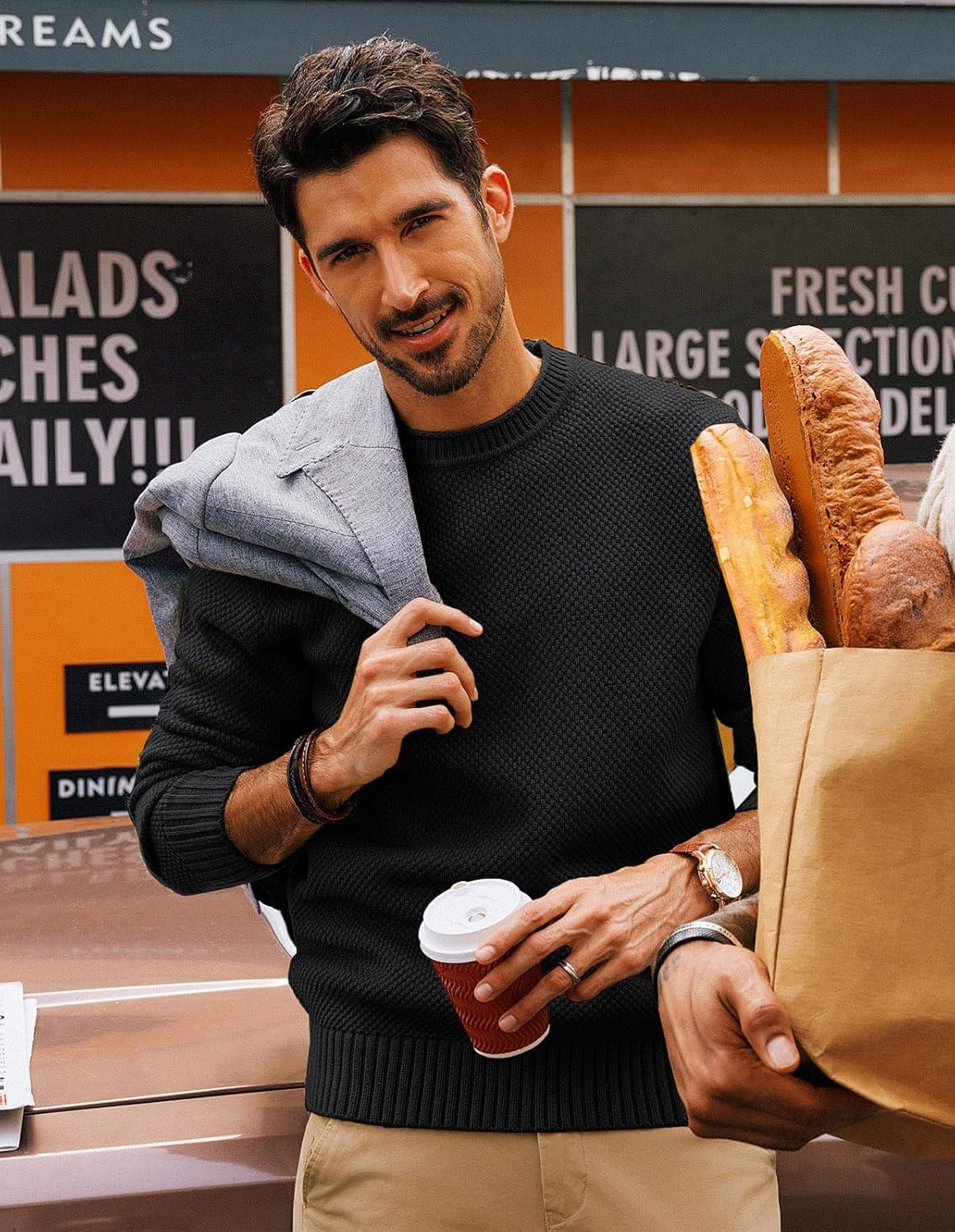 imagePJ PAUL JONES Mens Sweater Waffle Knit Crewneck Sweater Textured Long Sleeve PulloverBlack