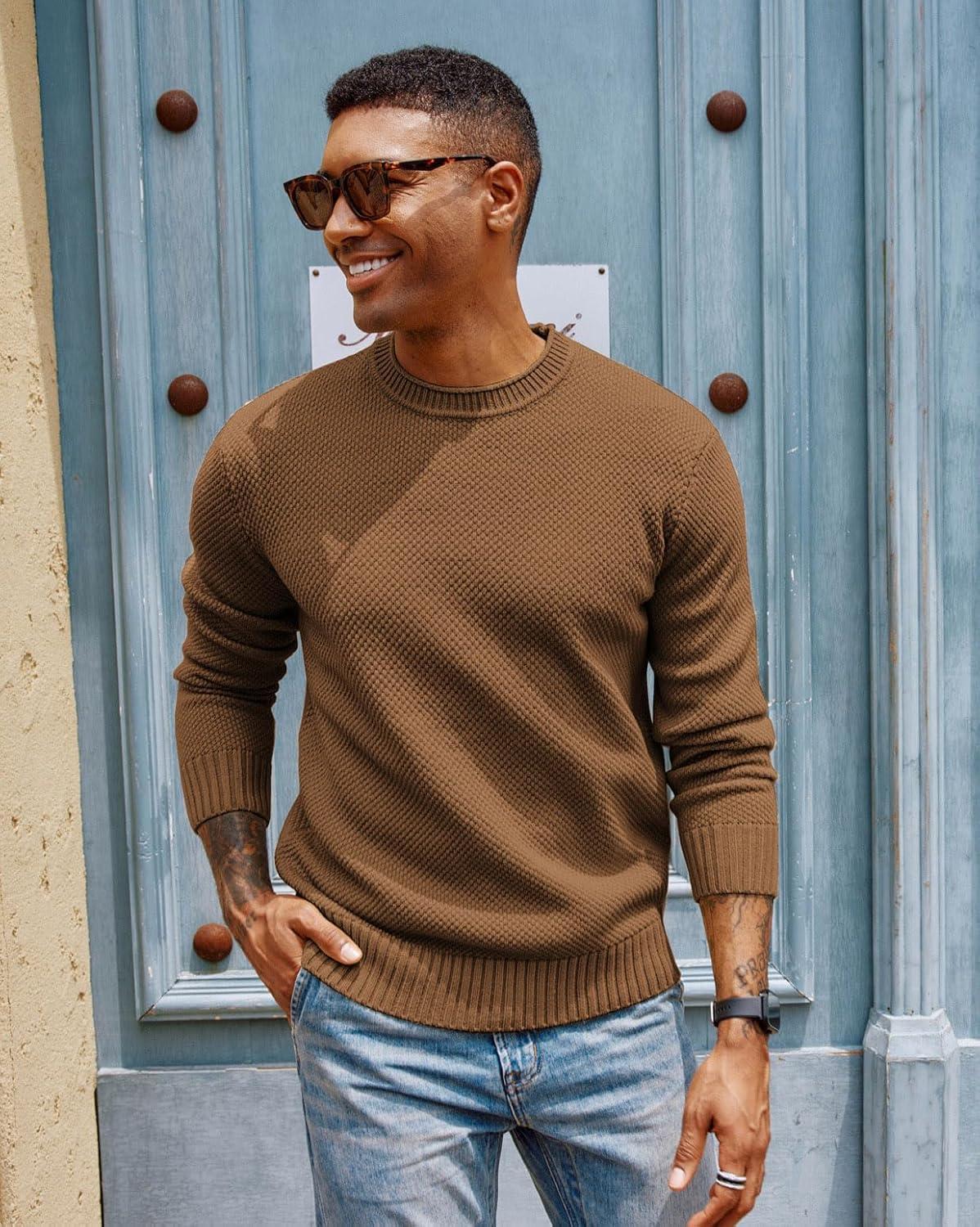 imagePJ PAUL JONES Mens Sweater Waffle Knit Crewneck Sweater Textured Long Sleeve PulloverBrown