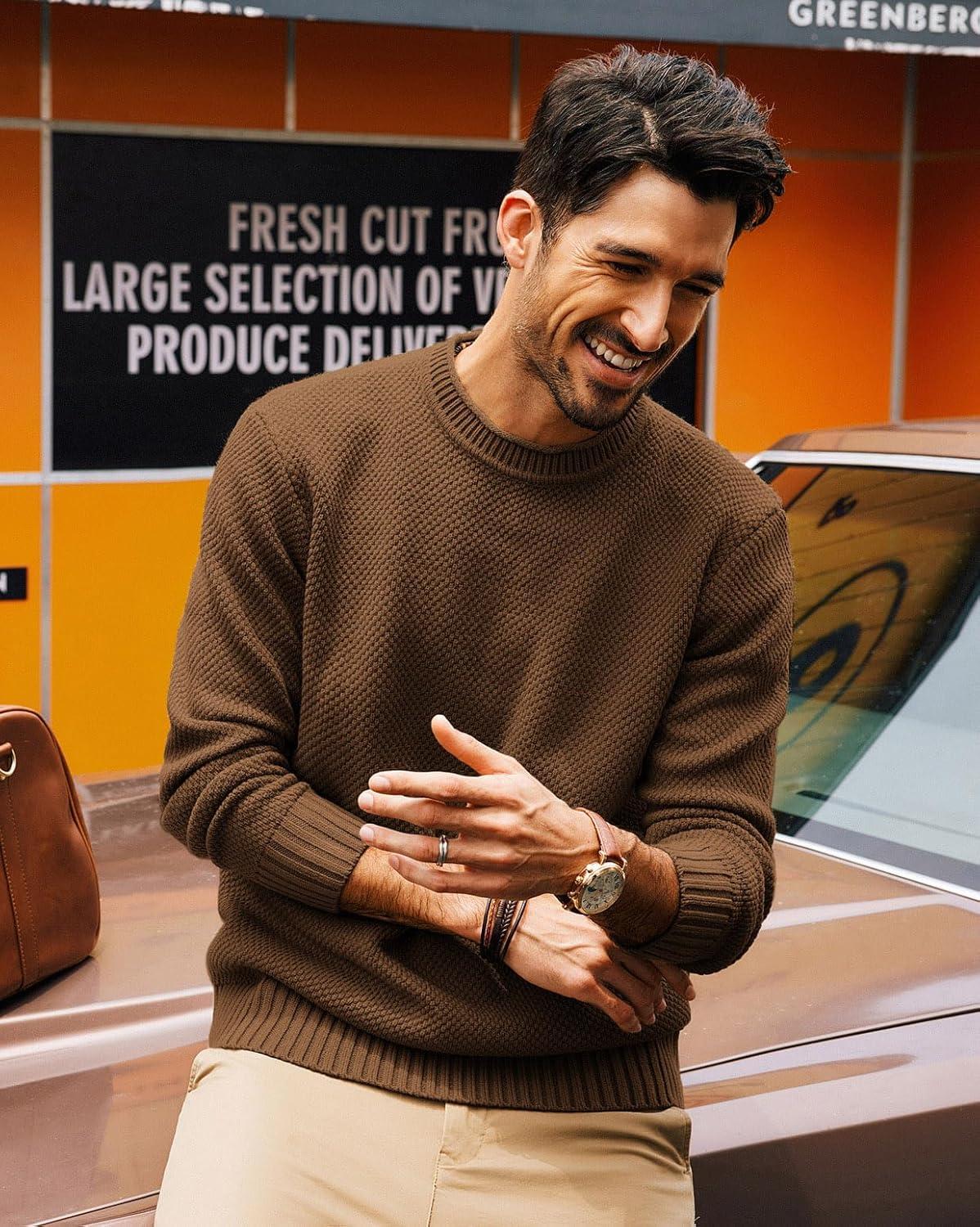 imagePJ PAUL JONES Mens Sweater Waffle Knit Crewneck Sweater Textured Long Sleeve PulloverBrown