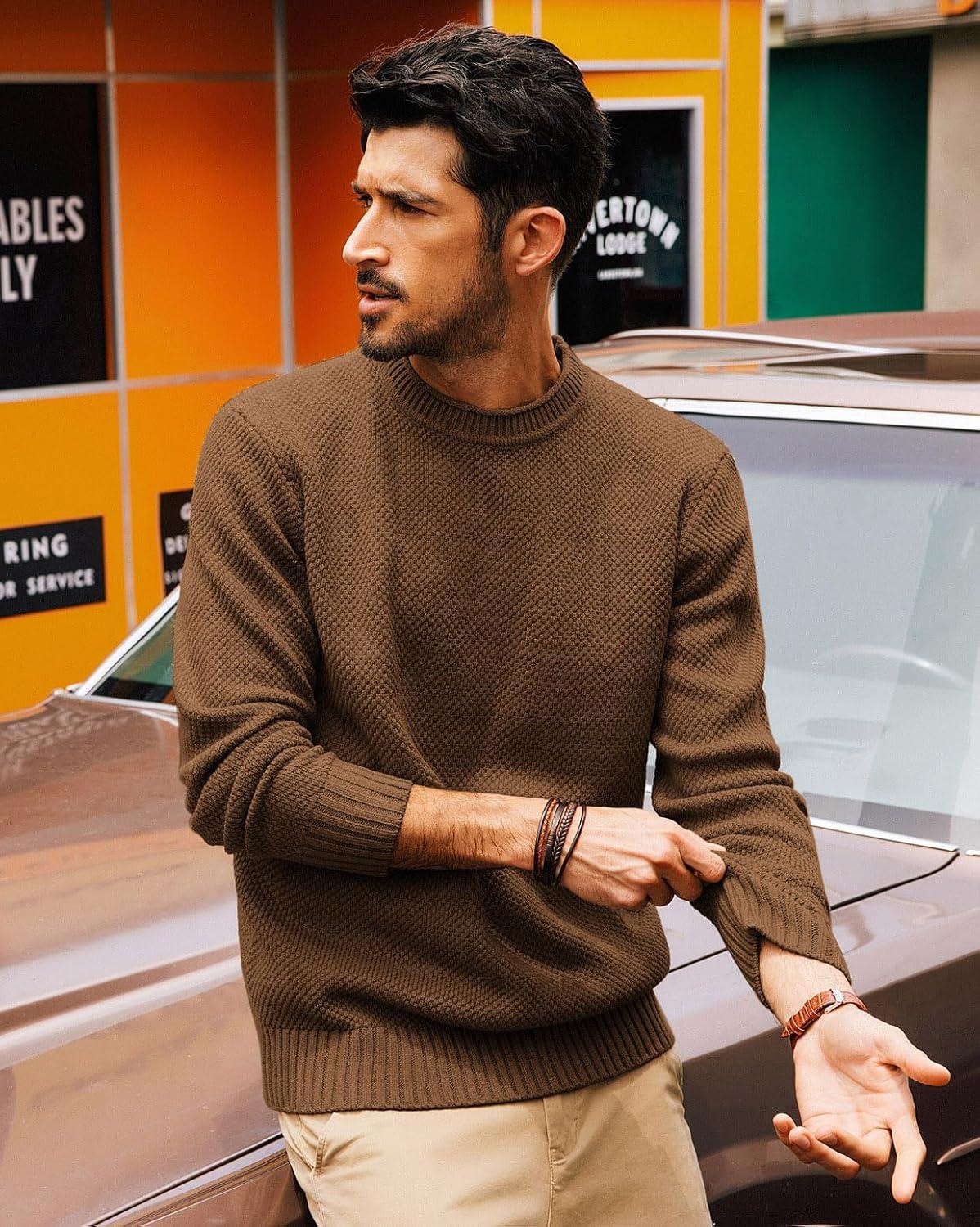 imagePJ PAUL JONES Mens Sweater Waffle Knit Crewneck Sweater Textured Long Sleeve PulloverBrown