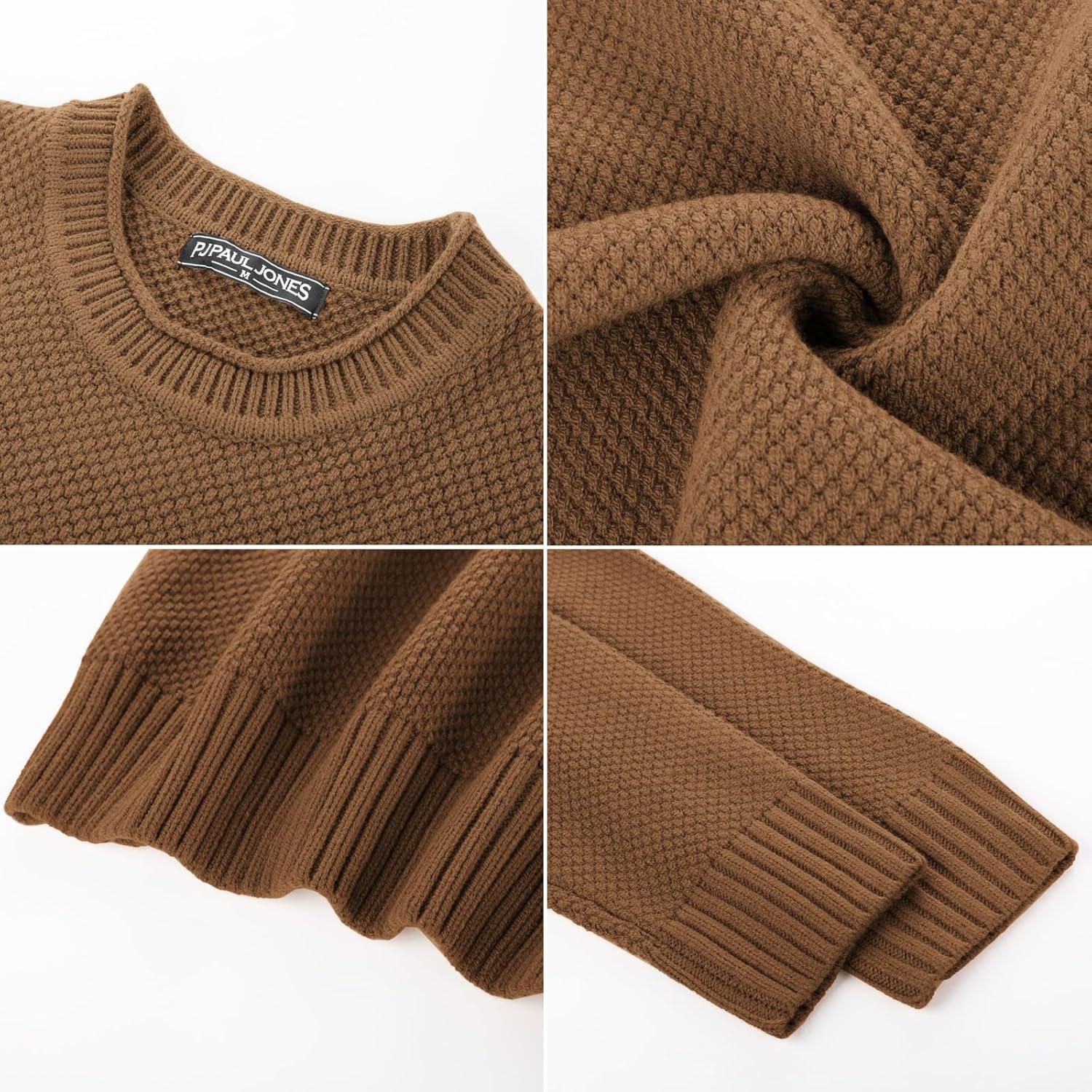 imagePJ PAUL JONES Mens Sweater Waffle Knit Crewneck Sweater Textured Long Sleeve PulloverBrown
