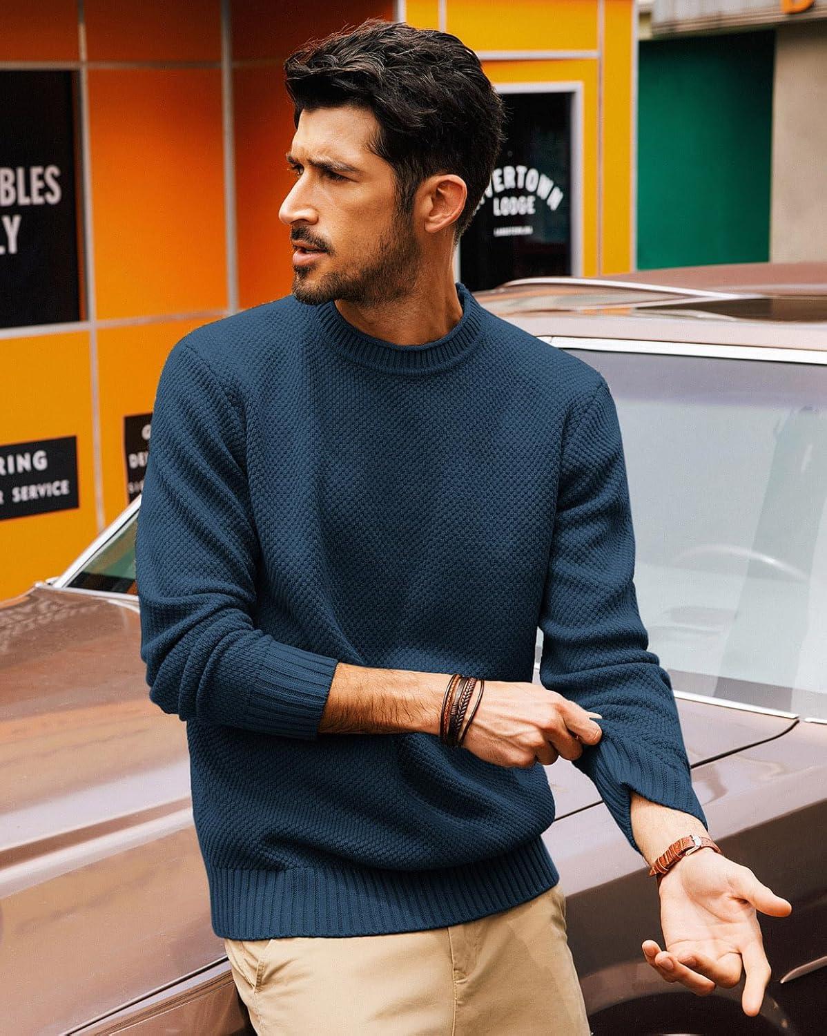 imagePJ PAUL JONES Mens Sweater Waffle Knit Crewneck Sweater Textured Long Sleeve PulloverDark Blue