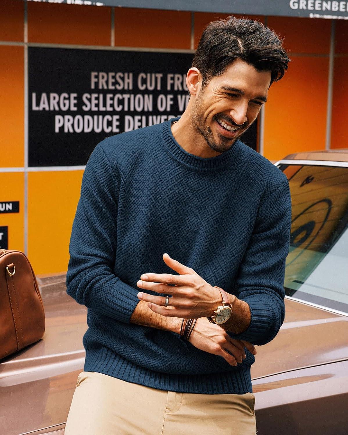 imagePJ PAUL JONES Mens Sweater Waffle Knit Crewneck Sweater Textured Long Sleeve PulloverDark Blue