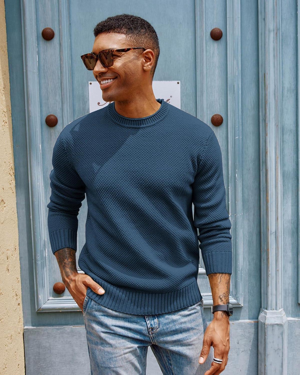 imagePJ PAUL JONES Mens Sweater Waffle Knit Crewneck Sweater Textured Long Sleeve PulloverDark Blue