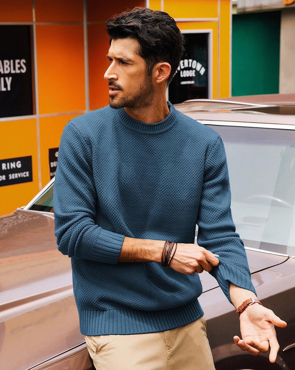 imagePJ PAUL JONES Mens Sweater Waffle Knit Crewneck Sweater Textured Long Sleeve PulloverDenim Blue