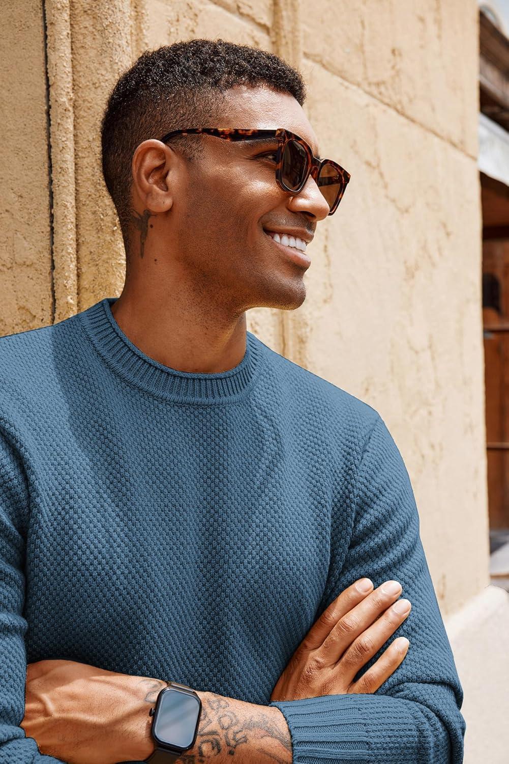 imagePJ PAUL JONES Mens Sweater Waffle Knit Crewneck Sweater Textured Long Sleeve PulloverDenim Blue