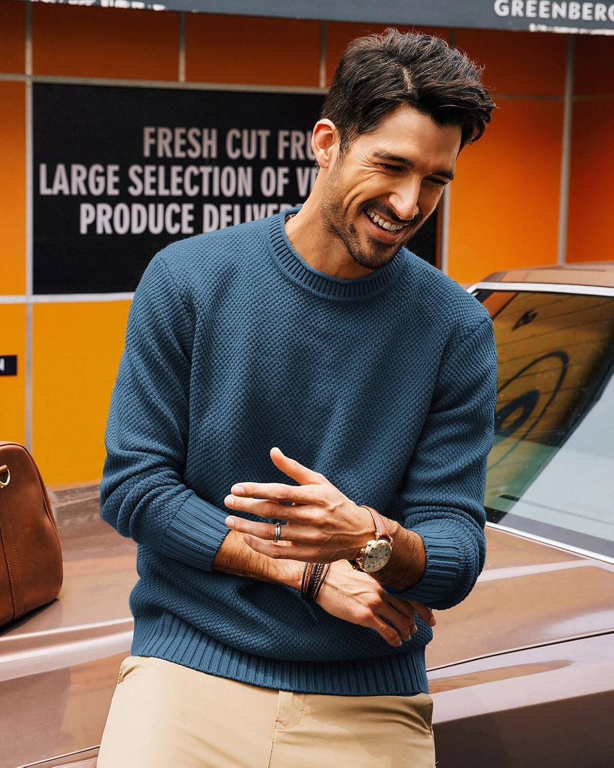 imagePJ PAUL JONES Mens Sweater Waffle Knit Crewneck Sweater Textured Long Sleeve PulloverDenim Blue