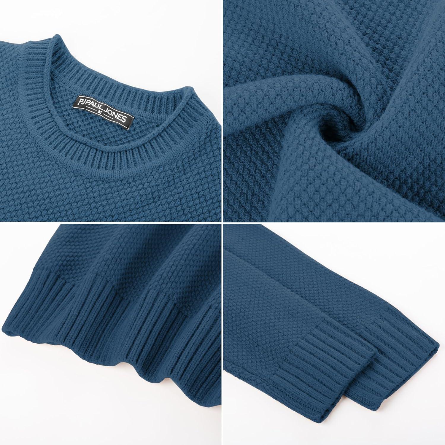 imagePJ PAUL JONES Mens Sweater Waffle Knit Crewneck Sweater Textured Long Sleeve PulloverDenim Blue