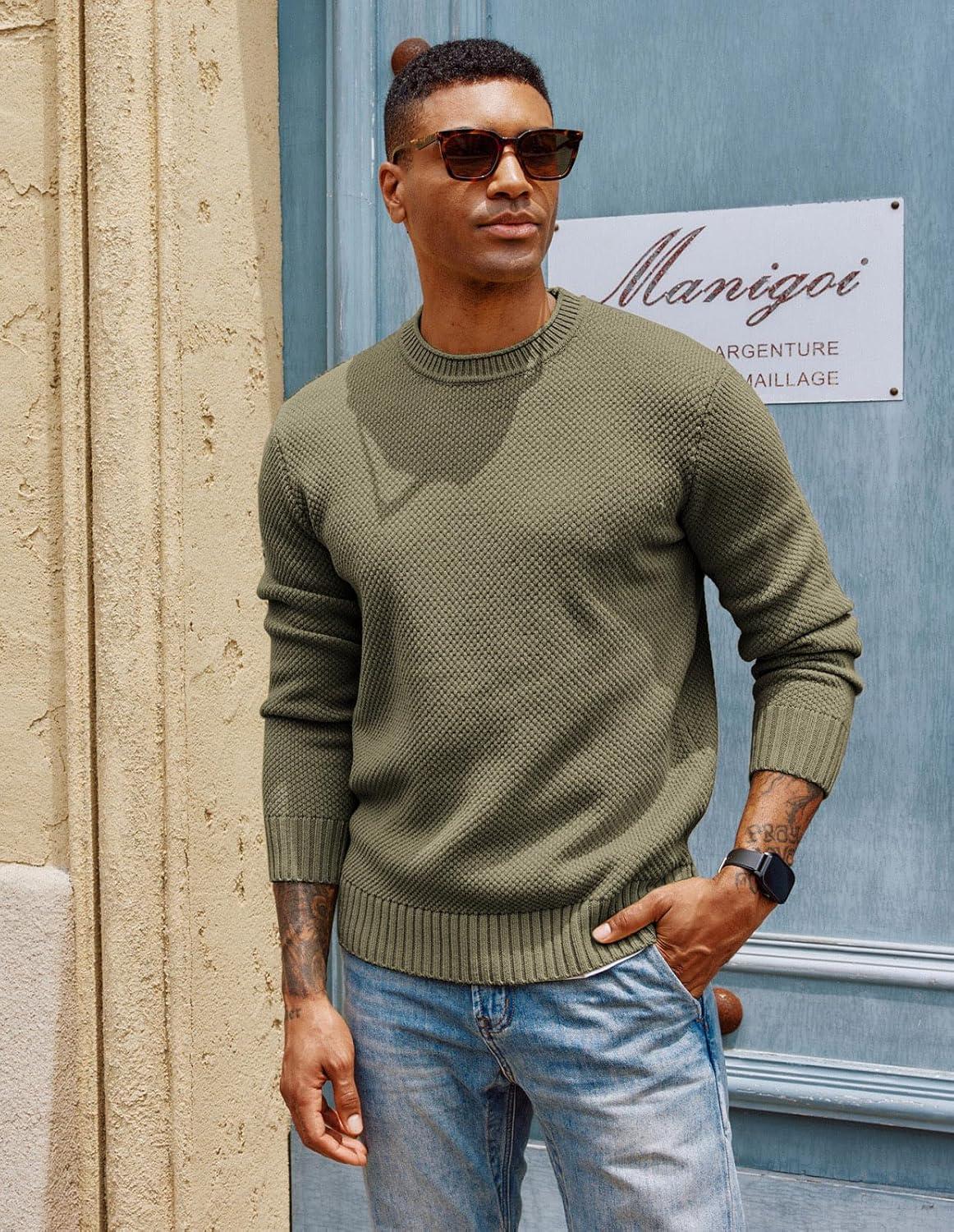 imagePJ PAUL JONES Mens Sweater Waffle Knit Crewneck Sweater Textured Long Sleeve PulloverGrey Green