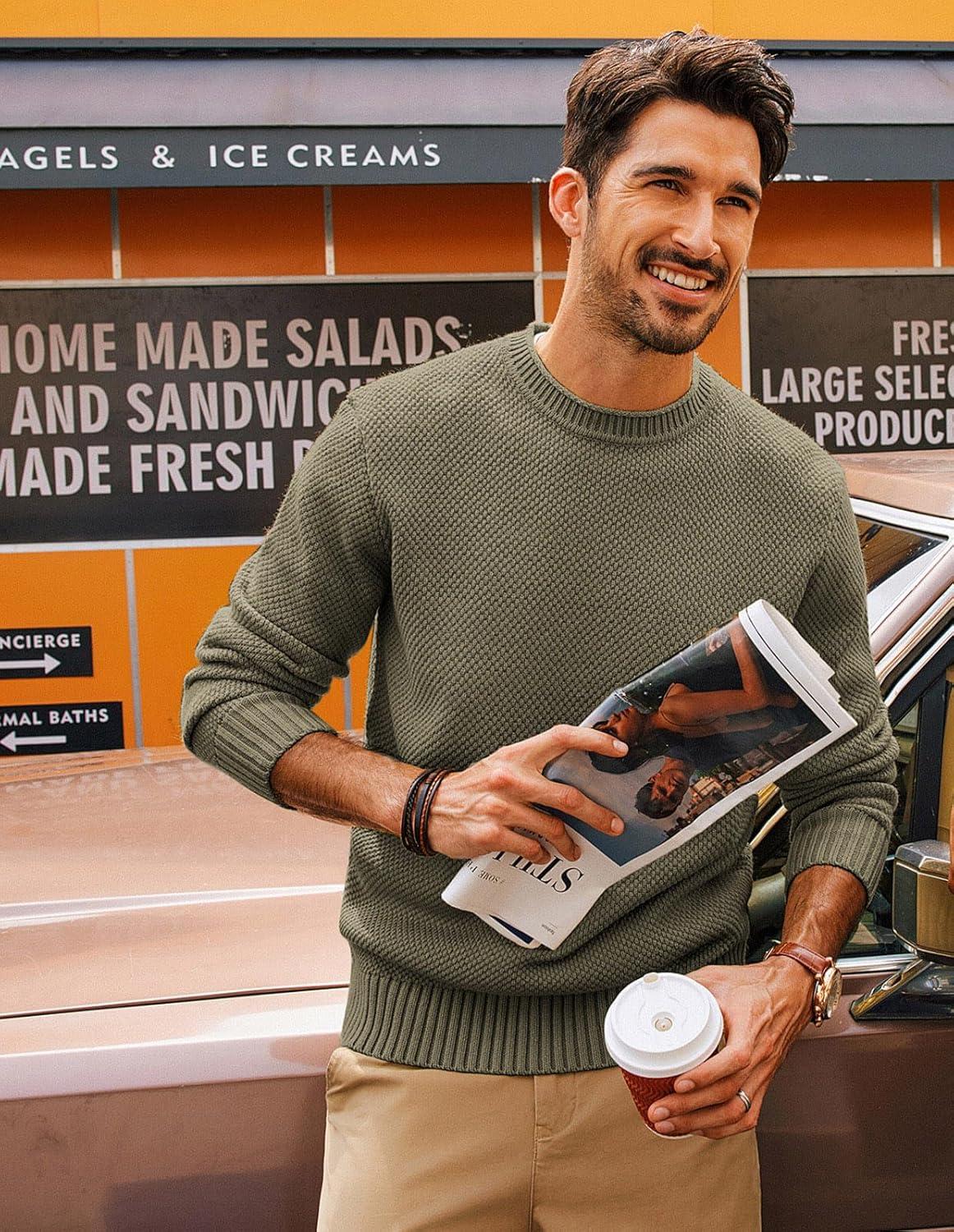 imagePJ PAUL JONES Mens Sweater Waffle Knit Crewneck Sweater Textured Long Sleeve PulloverGrey Green