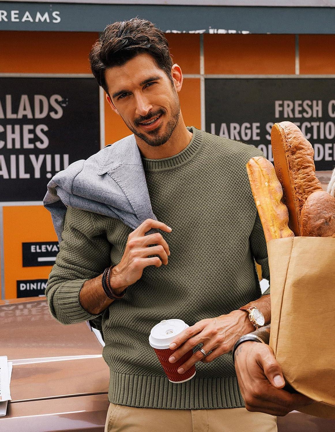 imagePJ PAUL JONES Mens Sweater Waffle Knit Crewneck Sweater Textured Long Sleeve PulloverGrey Green