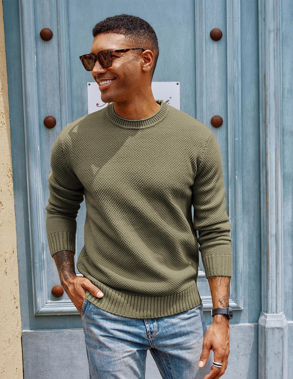 imagePJ PAUL JONES Mens Sweater Waffle Knit Crewneck Sweater Textured Long Sleeve PulloverGrey Green