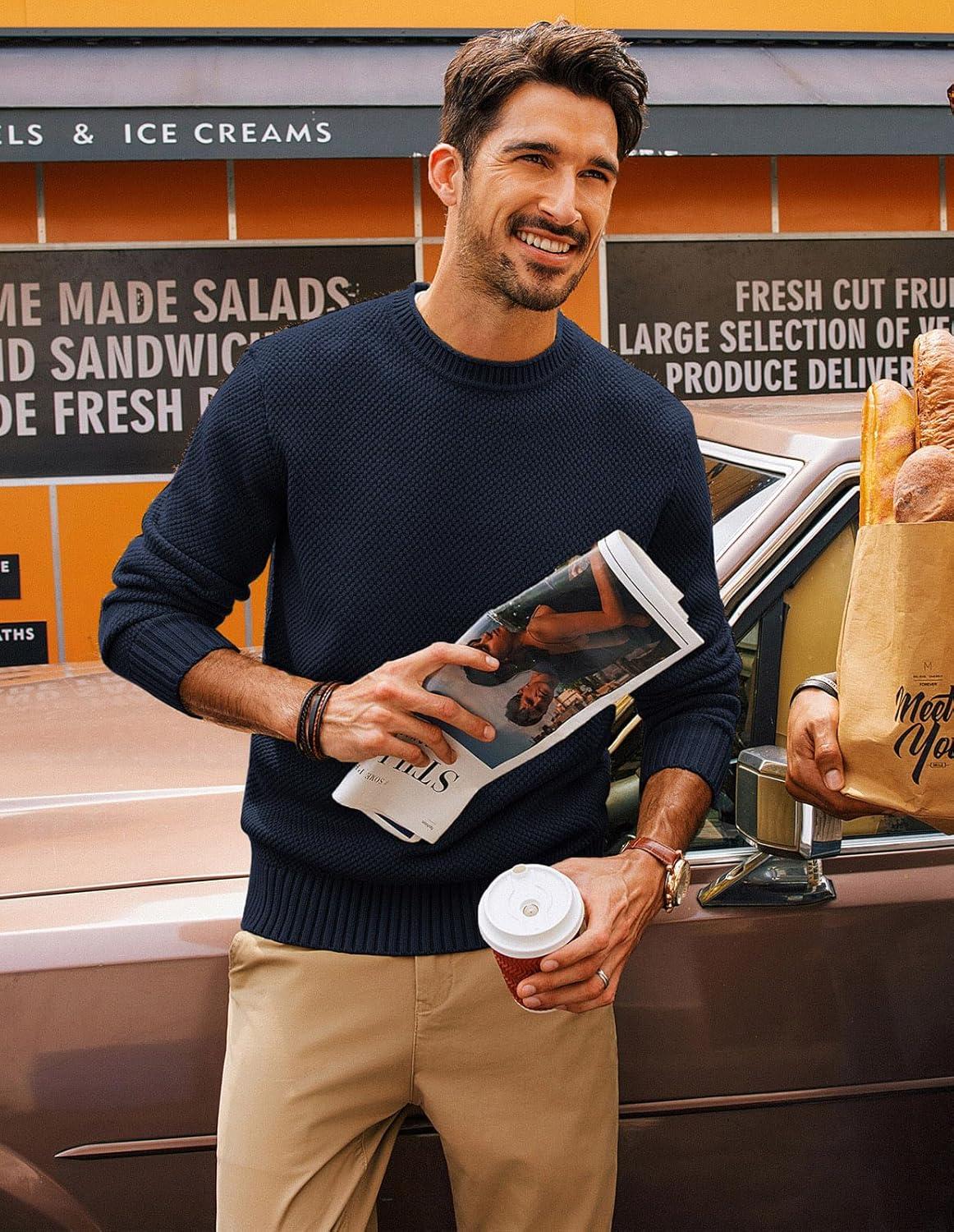 imagePJ PAUL JONES Mens Sweater Waffle Knit Crewneck Sweater Textured Long Sleeve PulloverNavy