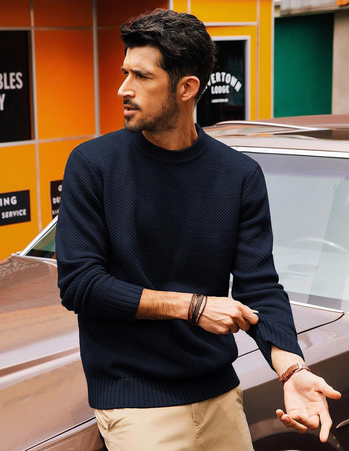 imagePJ PAUL JONES Mens Sweater Waffle Knit Crewneck Sweater Textured Long Sleeve PulloverNavy