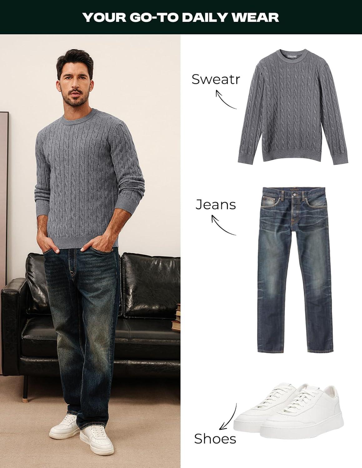 imagePJ PAUL JONES Mens Sweaters Casual Cable Knit Pullover Sweater Crewneck Twist SweatersDark Gray