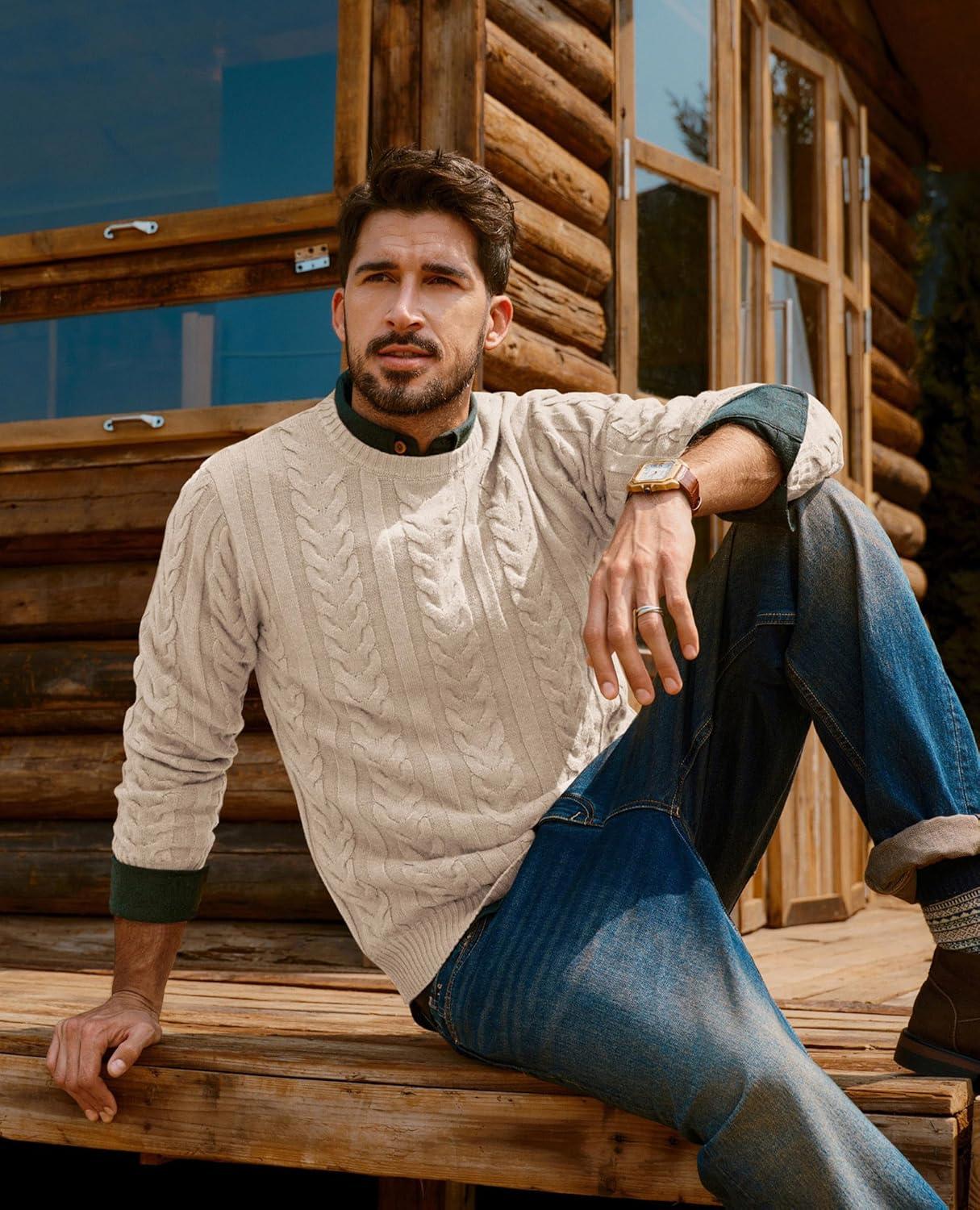 imagePJ PAUL JONES Mens Sweaters Casual Crewneck Cable Knit Pullover SweaterApricot