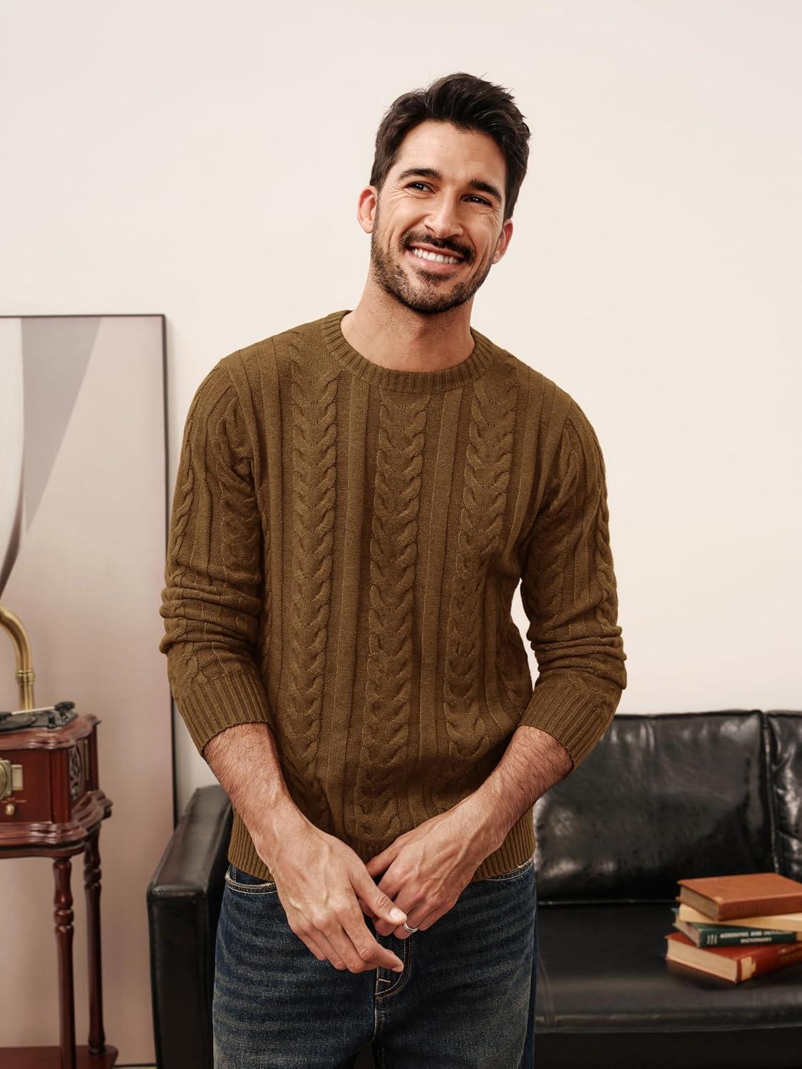 imagePJ PAUL JONES Mens Sweaters Casual Crewneck Cable Knit Pullover SweaterCoffee