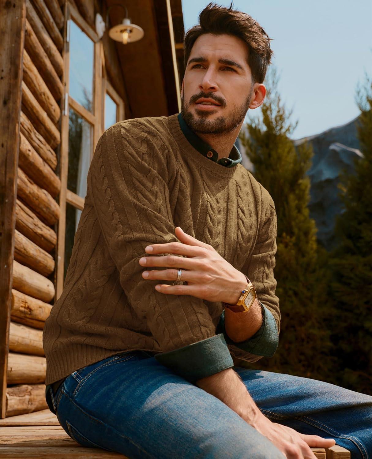 imagePJ PAUL JONES Mens Sweaters Casual Crewneck Cable Knit Pullover SweaterCoffee