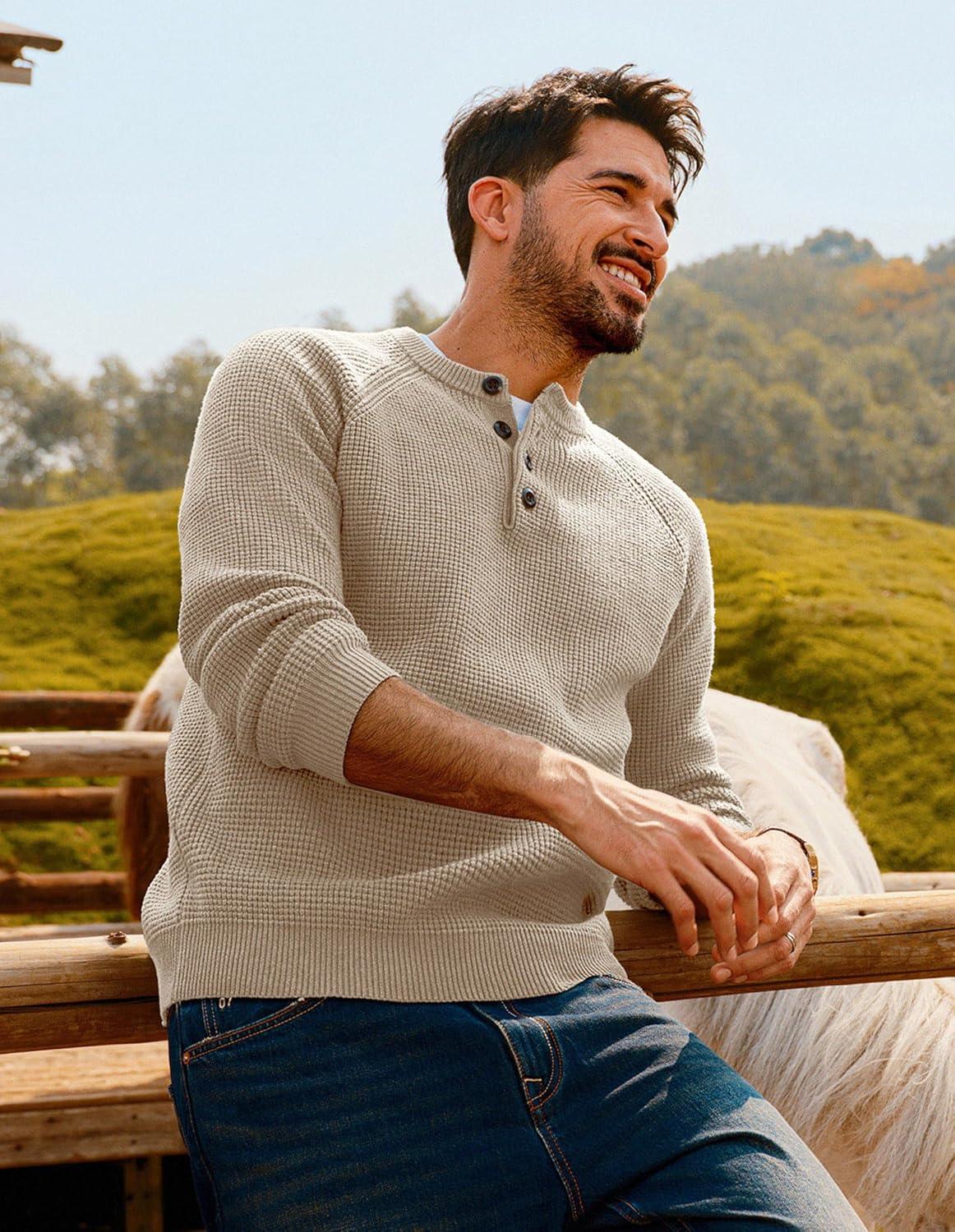 imagePJ PAUL JONES Mens Sweaters Casual Waffle Pullover Sweater Button Crewneck Textured Knit Henley SweatersBeige