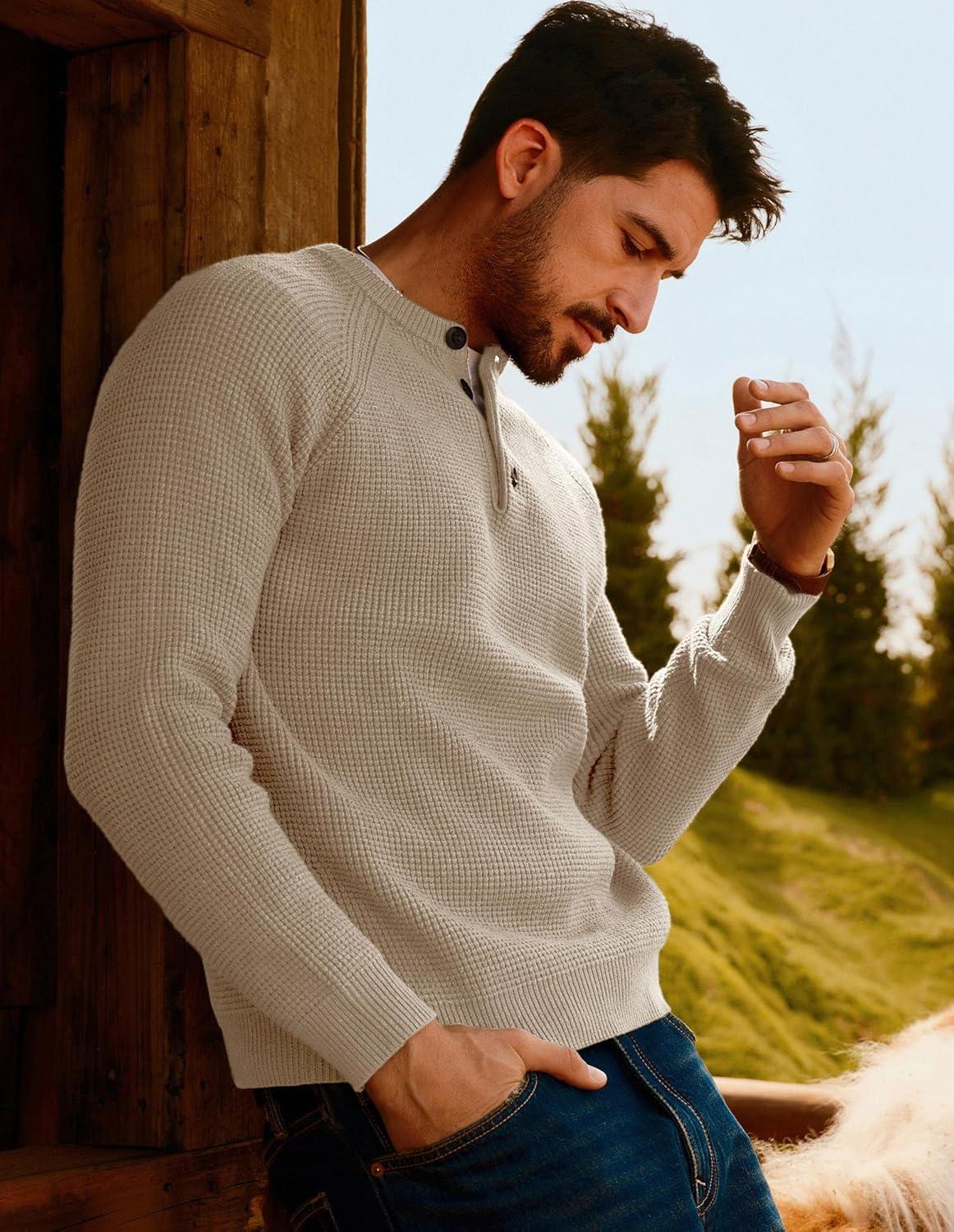 imagePJ PAUL JONES Mens Sweaters Casual Waffle Pullover Sweater Button Crewneck Textured Knit Henley SweatersBeige