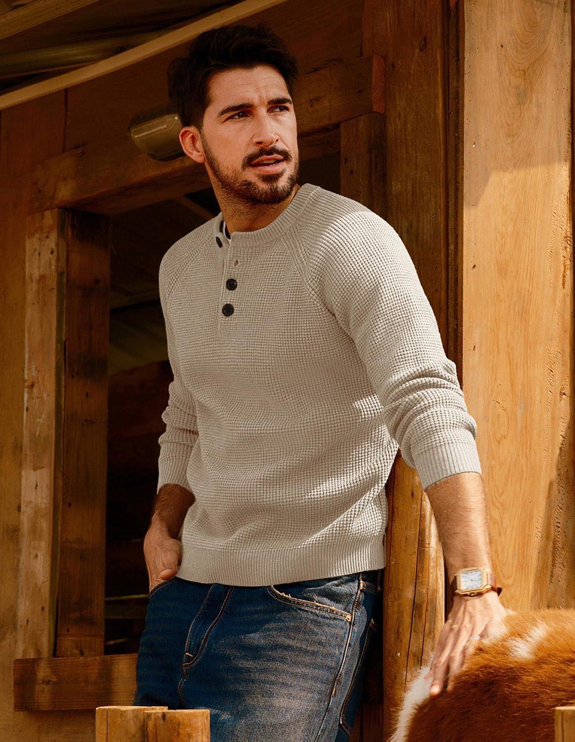 imagePJ PAUL JONES Mens Sweaters Casual Waffle Pullover Sweater Button Crewneck Textured Knit Henley SweatersBeige