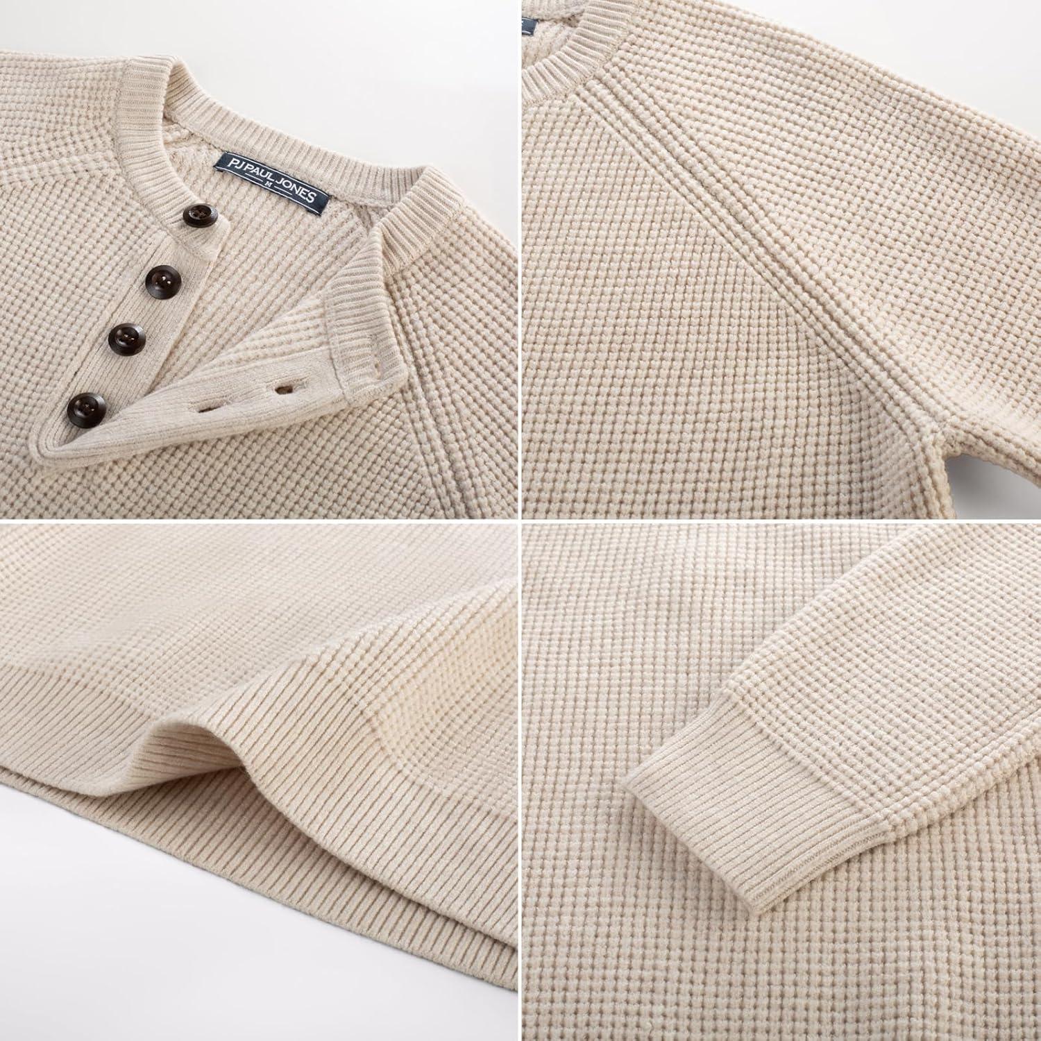 imagePJ PAUL JONES Mens Sweaters Casual Waffle Pullover Sweater Button Crewneck Textured Knit Henley SweatersBeige