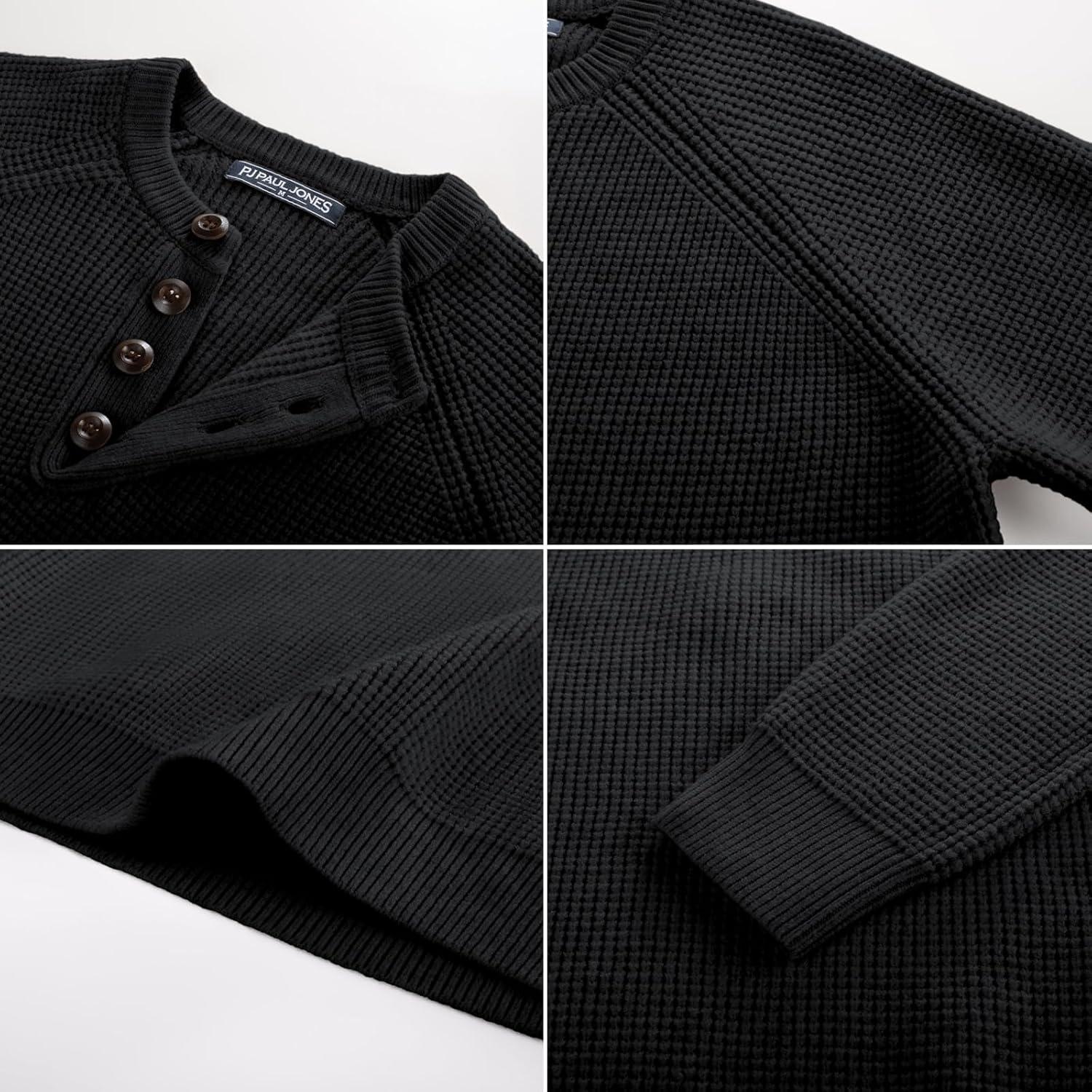 imagePJ PAUL JONES Mens Sweaters Casual Waffle Pullover Sweater Button Crewneck Textured Knit Henley SweatersBlack