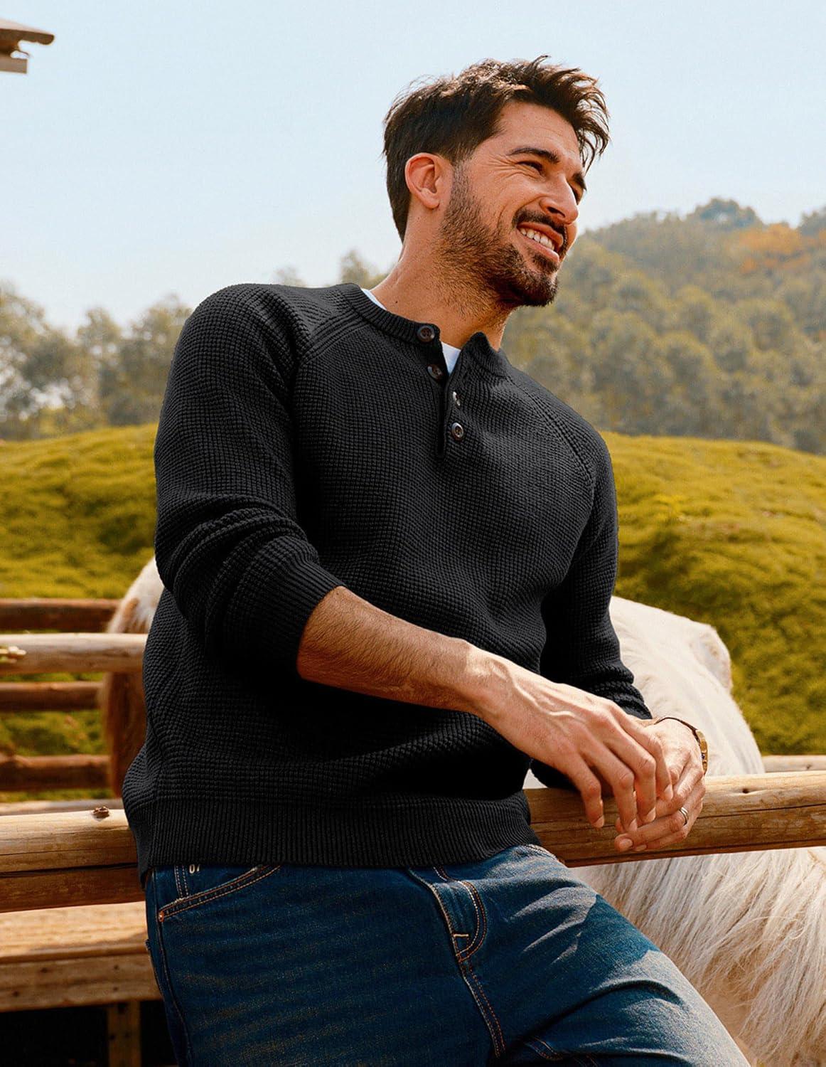 imagePJ PAUL JONES Mens Sweaters Casual Waffle Pullover Sweater Button Crewneck Textured Knit Henley SweatersBlack