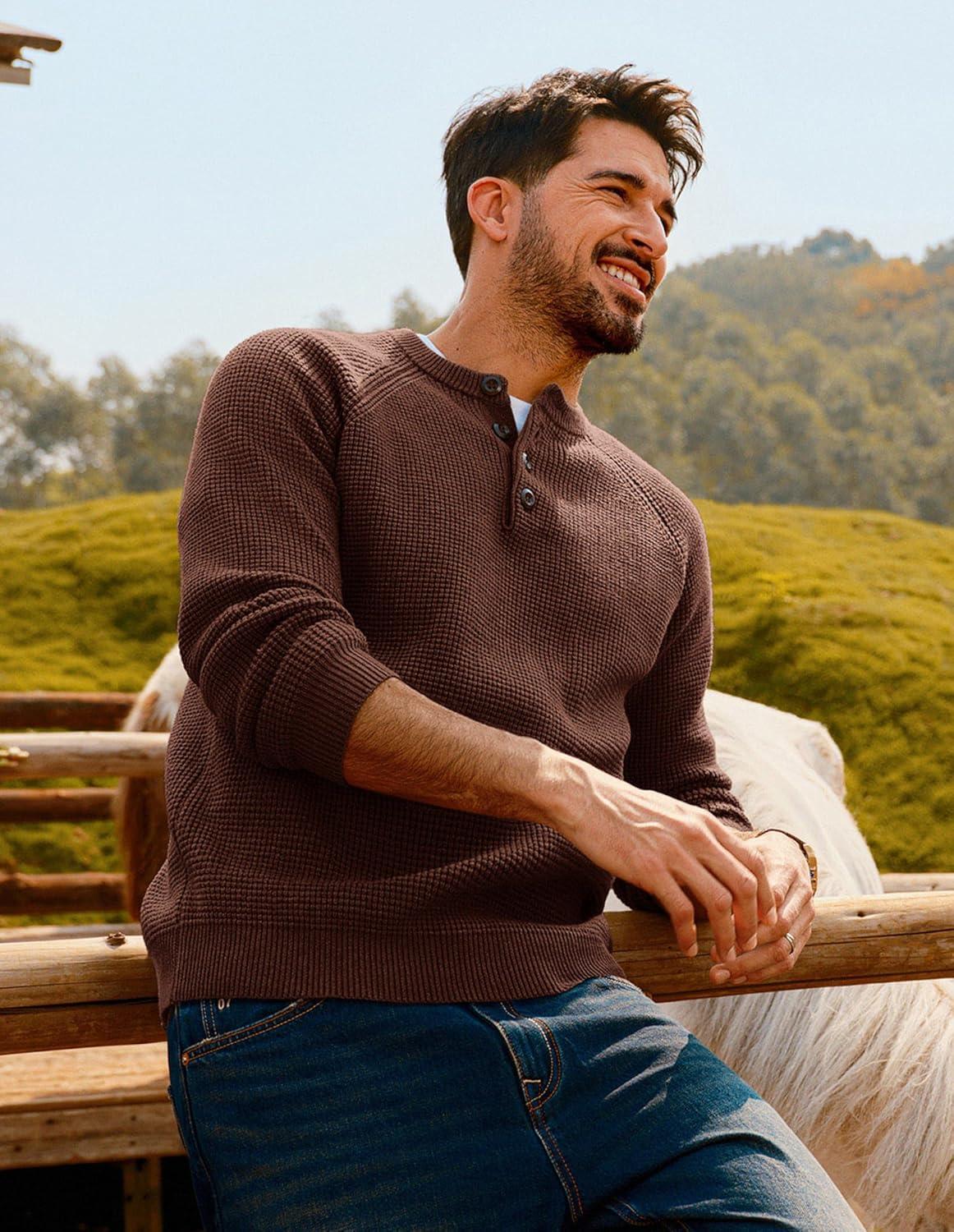 imagePJ PAUL JONES Mens Sweaters Casual Waffle Pullover Sweater Button Crewneck Textured Knit Henley SweatersCoffee