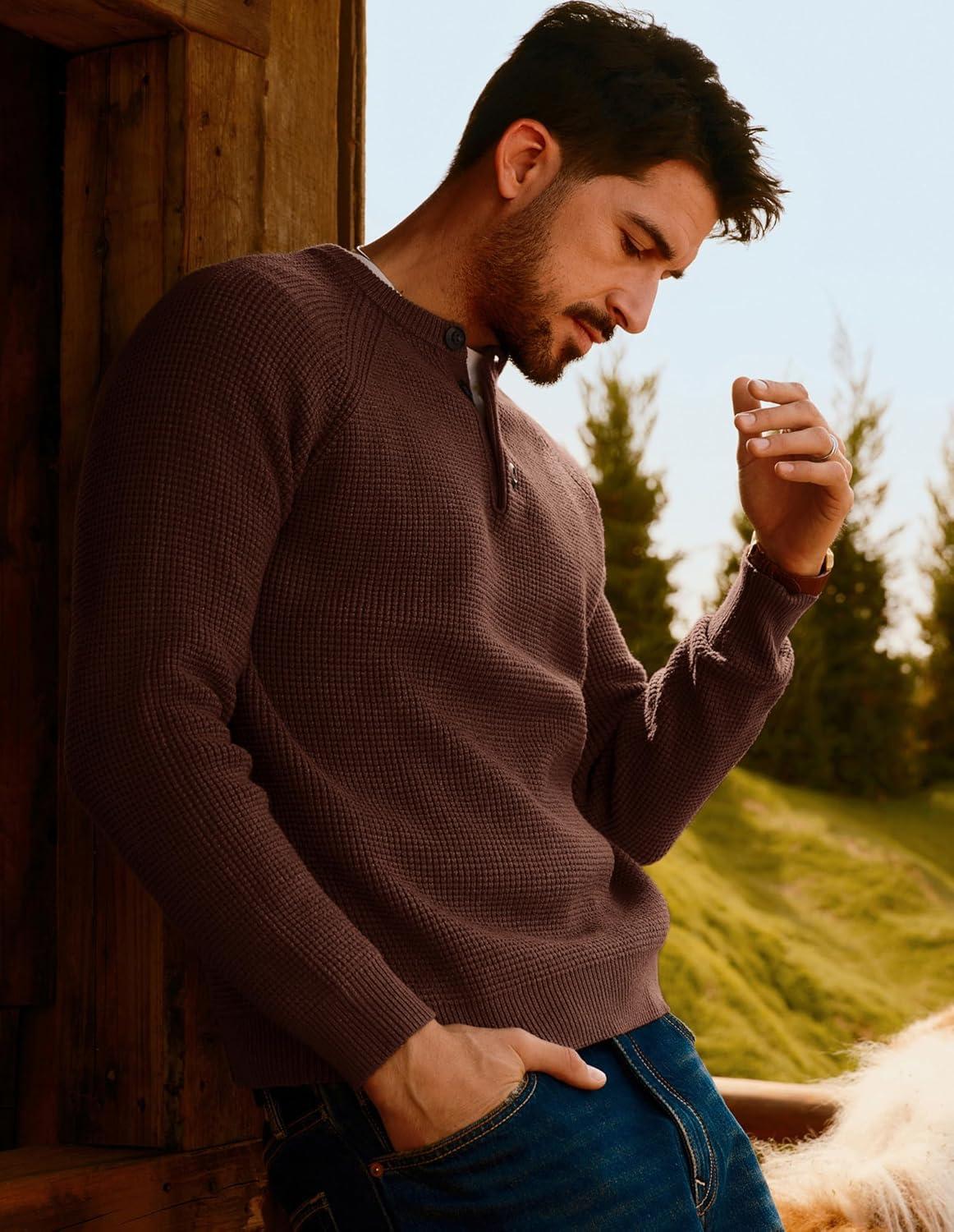 imagePJ PAUL JONES Mens Sweaters Casual Waffle Pullover Sweater Button Crewneck Textured Knit Henley SweatersCoffee