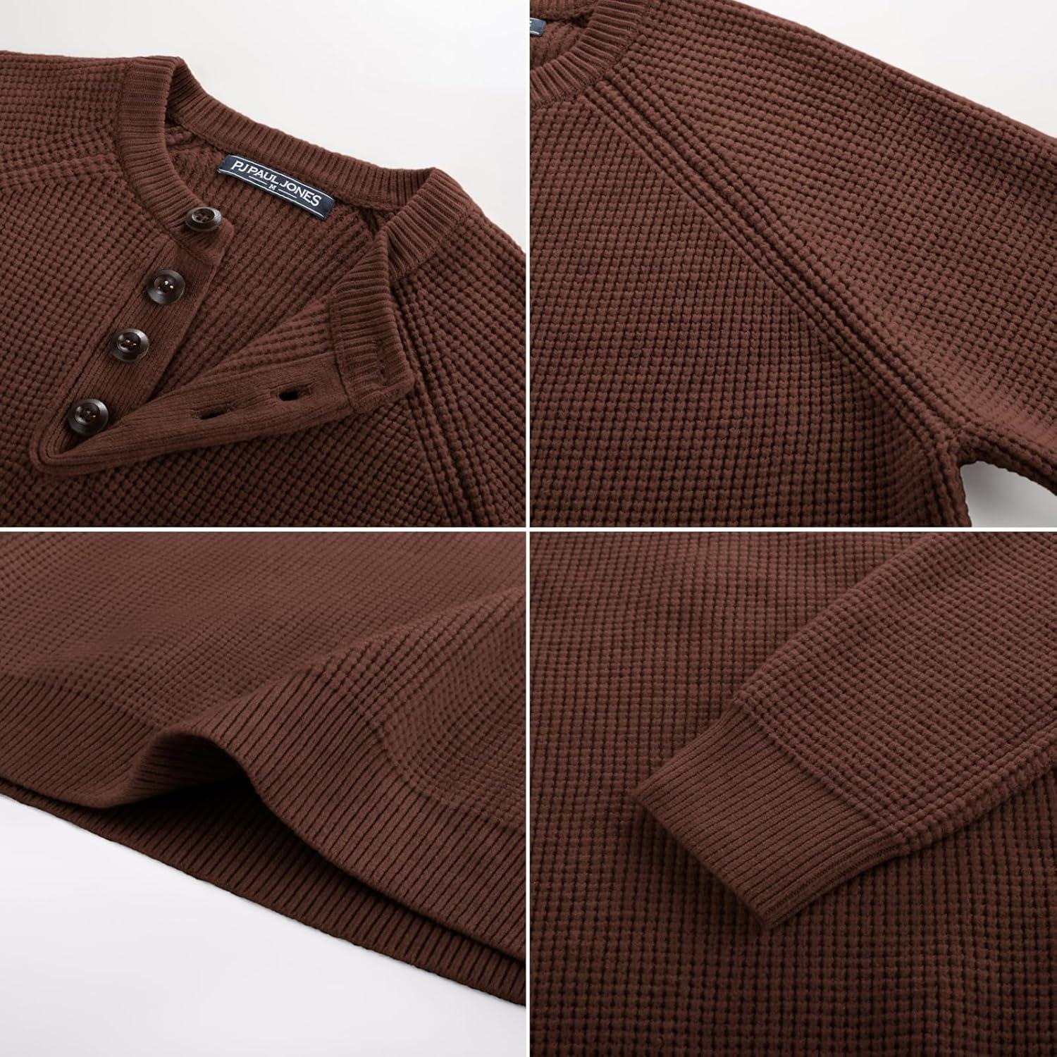 imagePJ PAUL JONES Mens Sweaters Casual Waffle Pullover Sweater Button Crewneck Textured Knit Henley SweatersCoffee