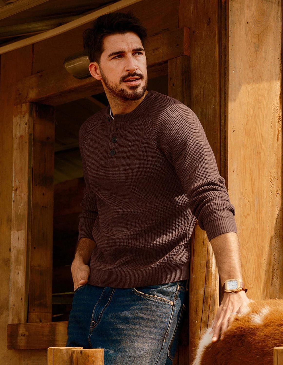 imagePJ PAUL JONES Mens Sweaters Casual Waffle Pullover Sweater Button Crewneck Textured Knit Henley SweatersCoffee