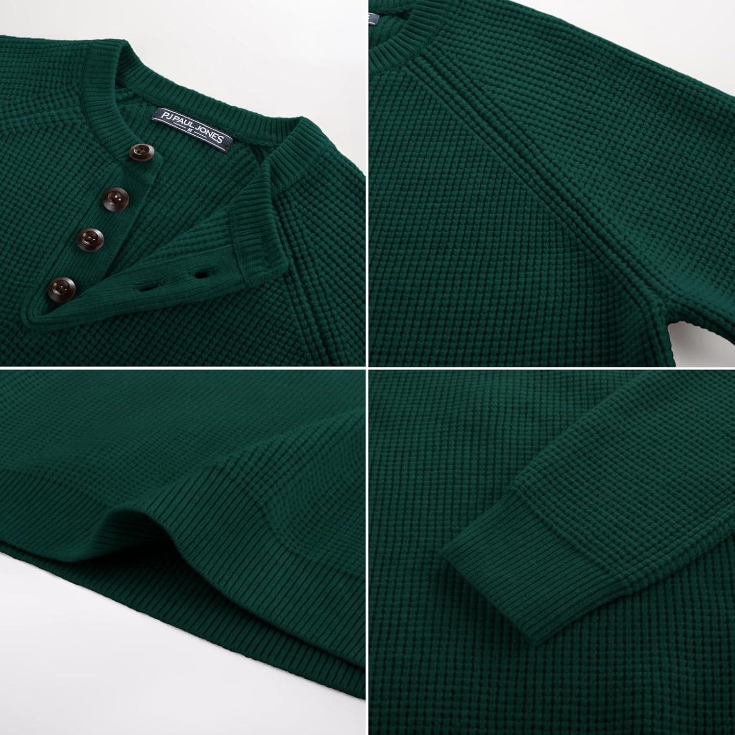 imagePJ PAUL JONES Mens Sweaters Casual Waffle Pullover Sweater Button Crewneck Textured Knit Henley SweatersDark Green