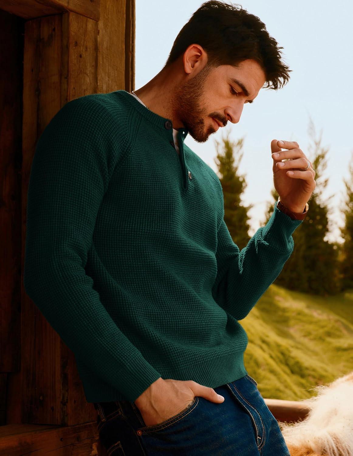 imagePJ PAUL JONES Mens Sweaters Casual Waffle Pullover Sweater Button Crewneck Textured Knit Henley SweatersDark Green