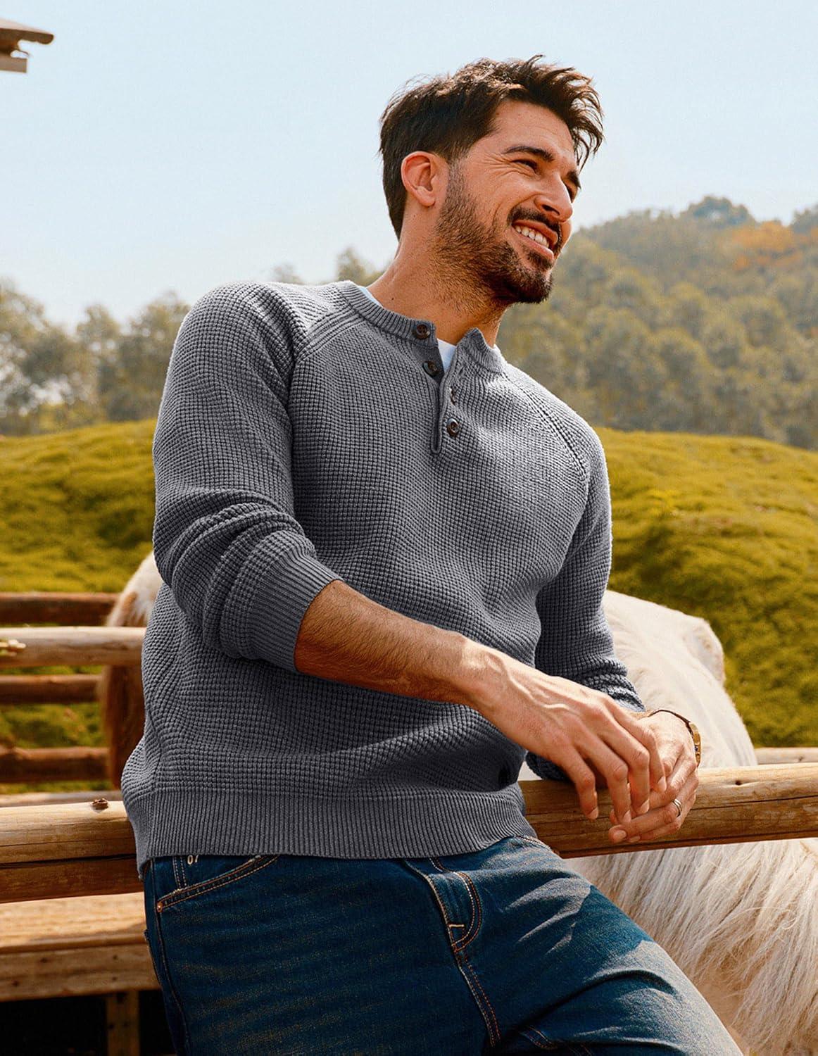 imagePJ PAUL JONES Mens Sweaters Casual Waffle Pullover Sweater Button Crewneck Textured Knit Henley SweatersDark Grey