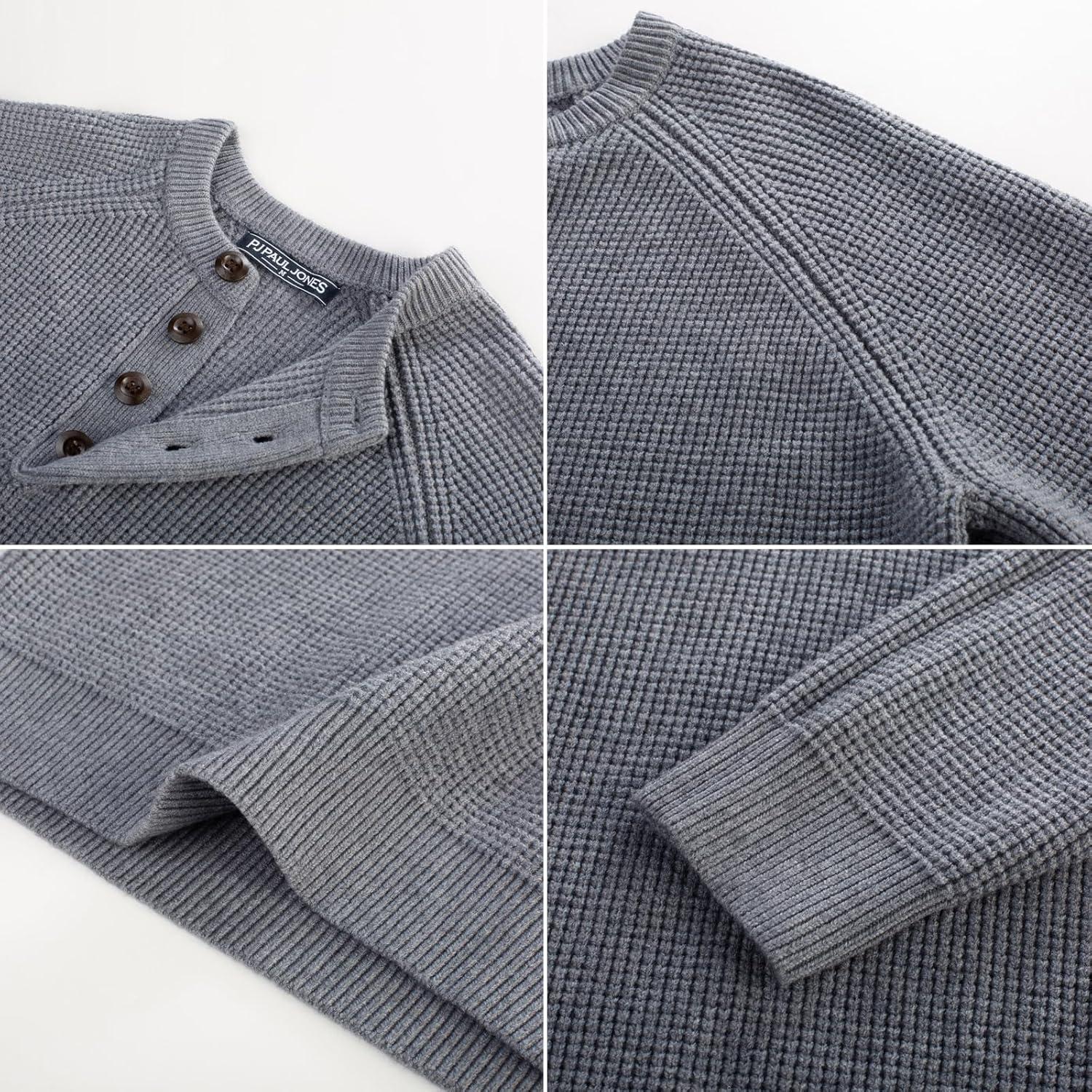imagePJ PAUL JONES Mens Sweaters Casual Waffle Pullover Sweater Button Crewneck Textured Knit Henley SweatersDark Grey