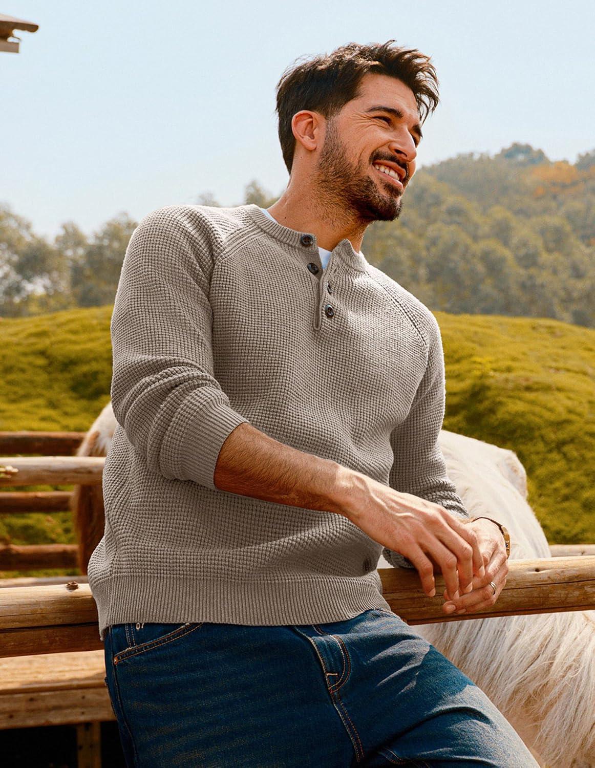 imagePJ PAUL JONES Mens Sweaters Casual Waffle Pullover Sweater Button Crewneck Textured Knit Henley SweatersKhaki