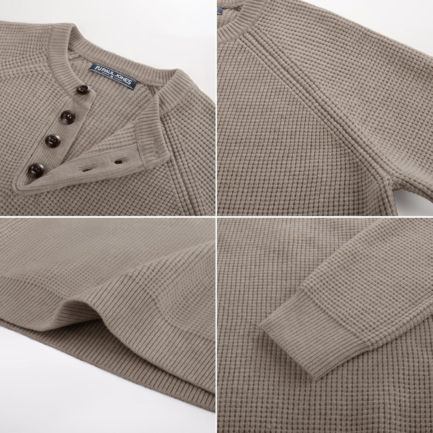 imagePJ PAUL JONES Mens Sweaters Casual Waffle Pullover Sweater Button Crewneck Textured Knit Henley SweatersKhaki