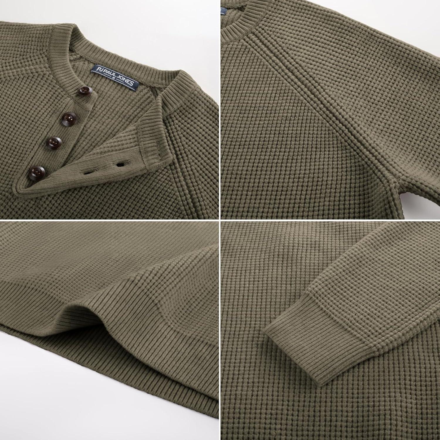 imagePJ PAUL JONES Mens Sweaters Casual Waffle Pullover Sweater Button Crewneck Textured Knit Henley SweatersKhaki Green