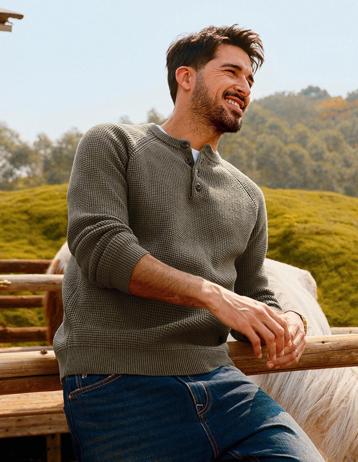 imagePJ PAUL JONES Mens Sweaters Casual Waffle Pullover Sweater Button Crewneck Textured Knit Henley SweatersKhaki Green