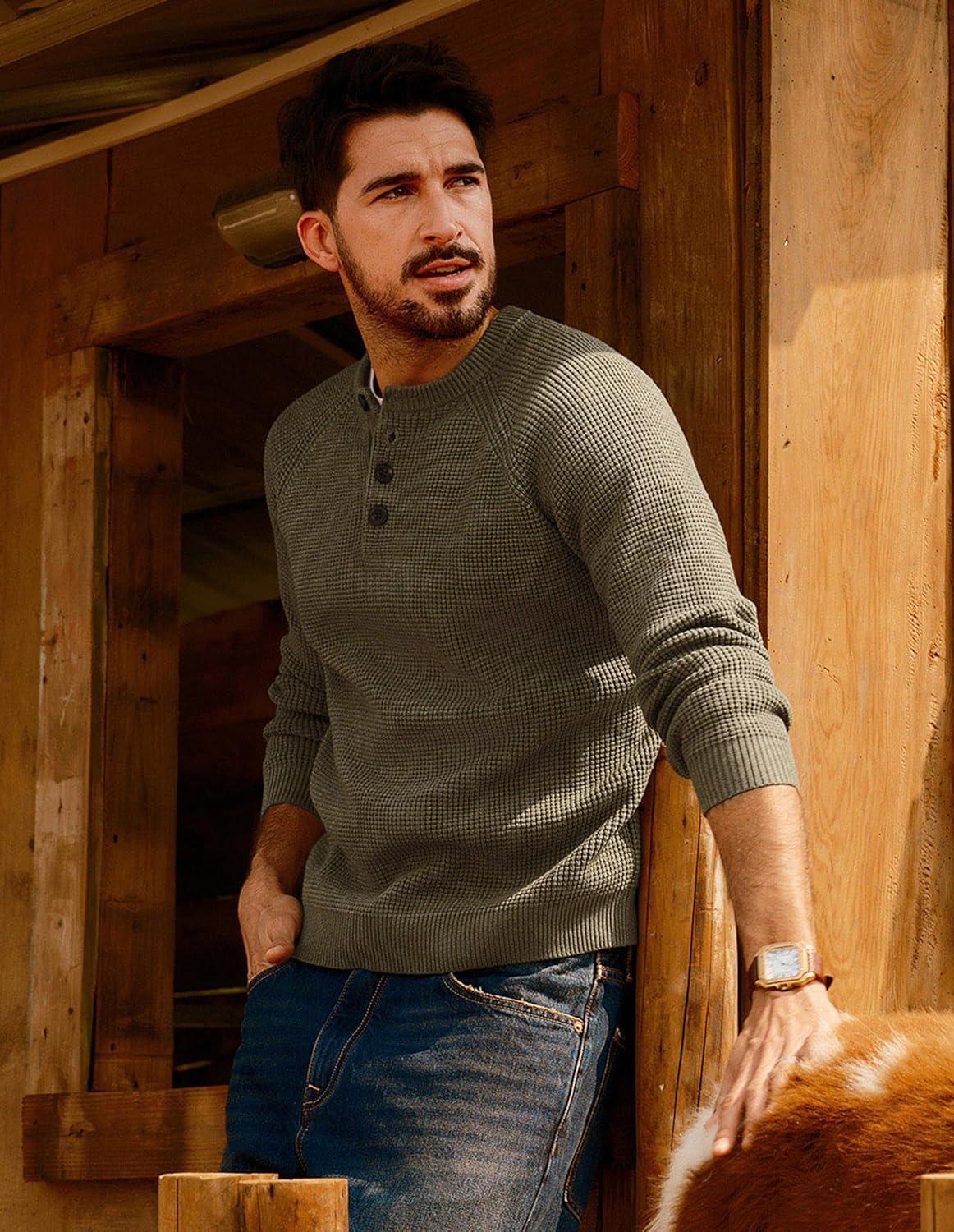 imagePJ PAUL JONES Mens Sweaters Casual Waffle Pullover Sweater Button Crewneck Textured Knit Henley SweatersKhaki Green