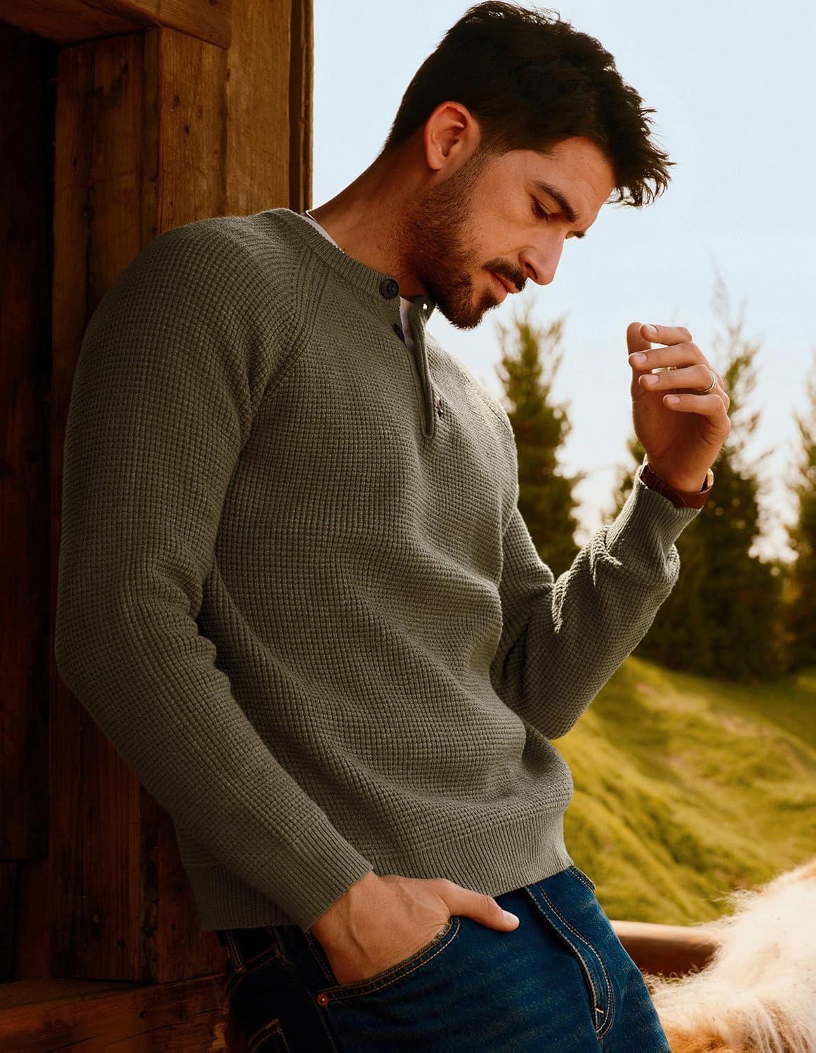 imagePJ PAUL JONES Mens Sweaters Casual Waffle Pullover Sweater Button Crewneck Textured Knit Henley SweatersKhaki Green