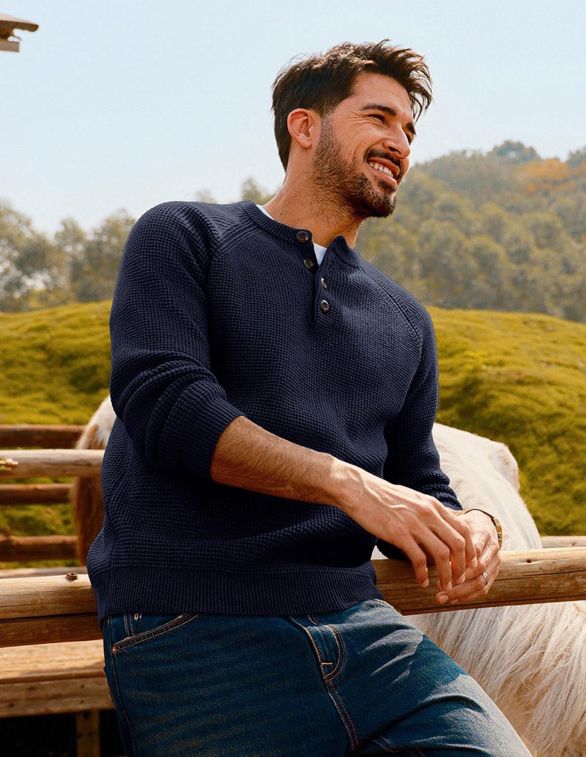 imagePJ PAUL JONES Mens Sweaters Casual Waffle Pullover Sweater Button Crewneck Textured Knit Henley SweatersNavy Blue